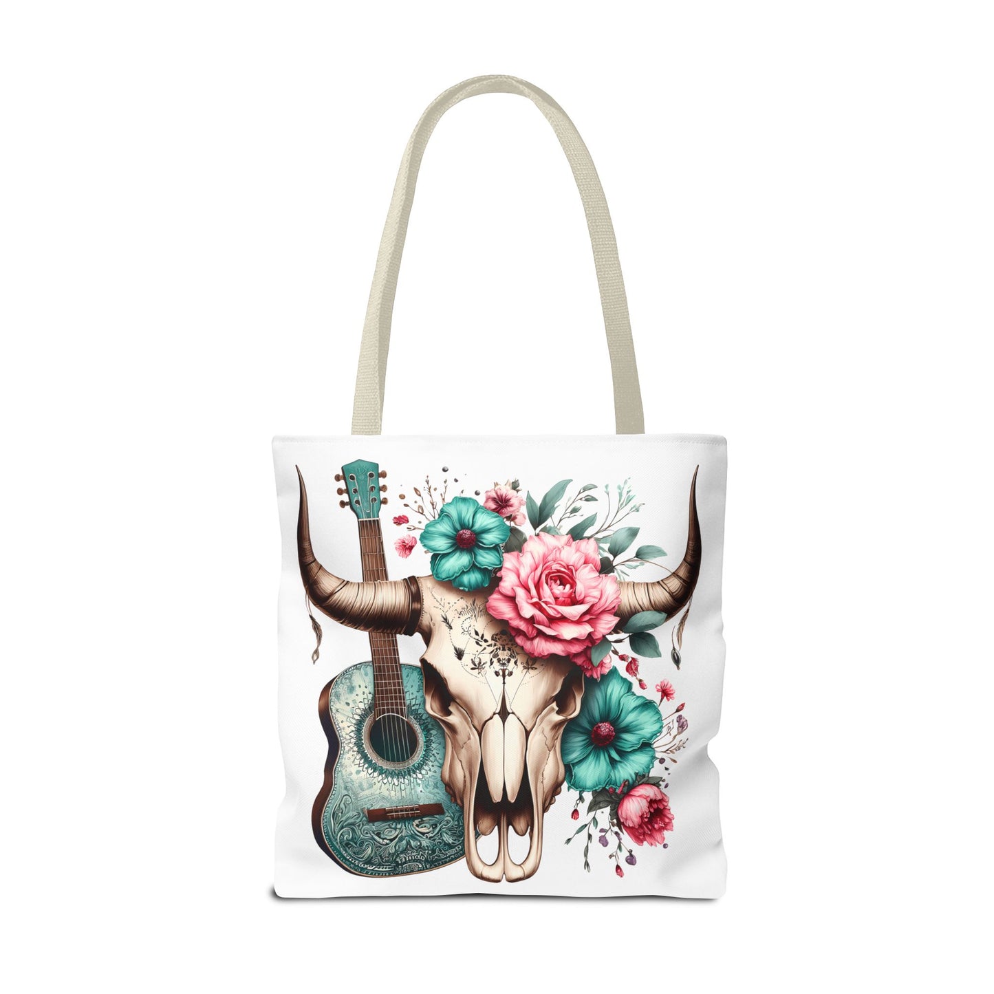 Boho Chic Skull and Guitar Floral Tote Bag