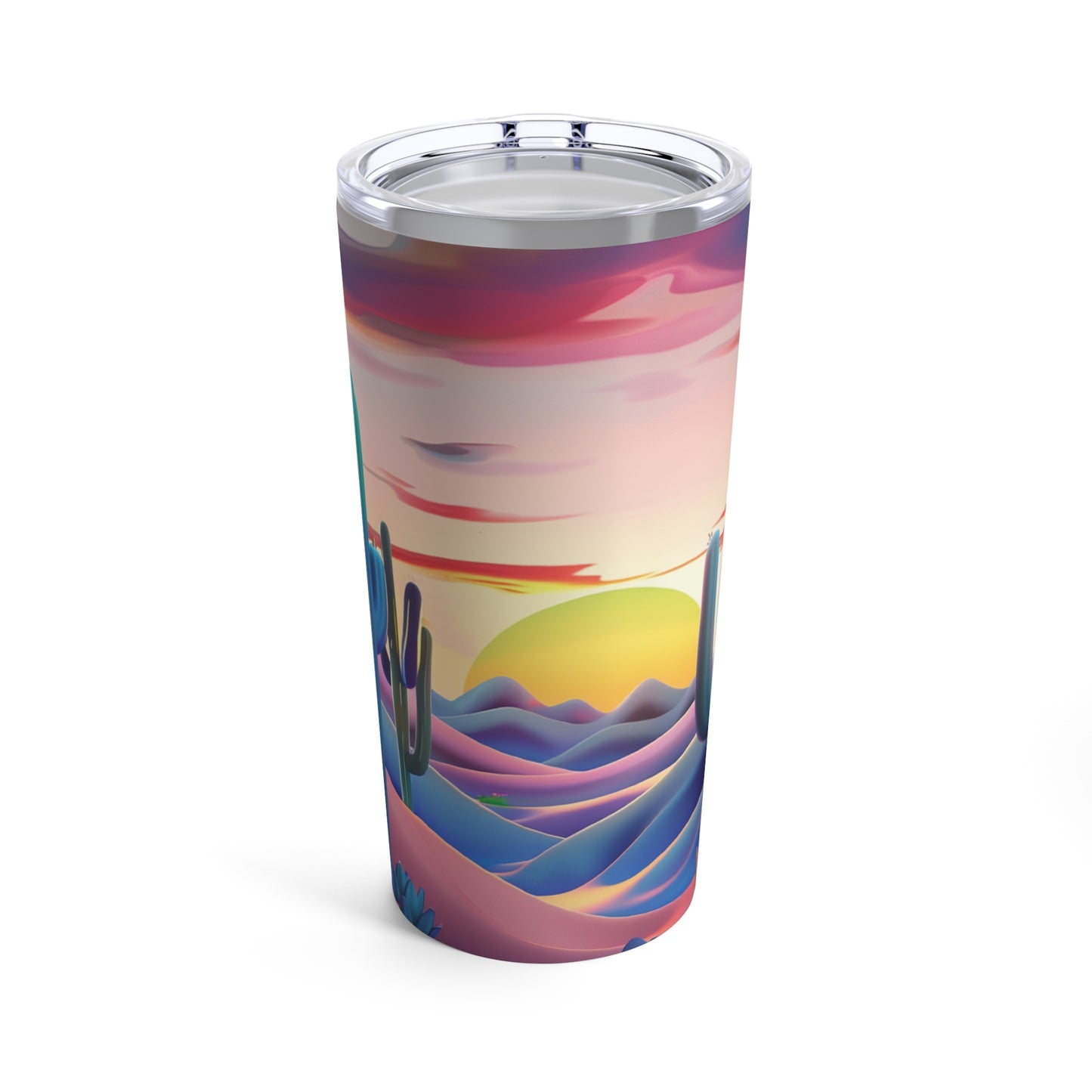 This eye-catching tumbler features a vibrant desert sunset scene, with tall cacti silhouettes standing proudly against rolling purple and blue hills. The sky is a mesmerizing blend of pink, orange, and yellow hues as the sun sets, creating a tranquil and inspiring backdrop. Detailed succulents in the foreground add an extra touch of desert charm.