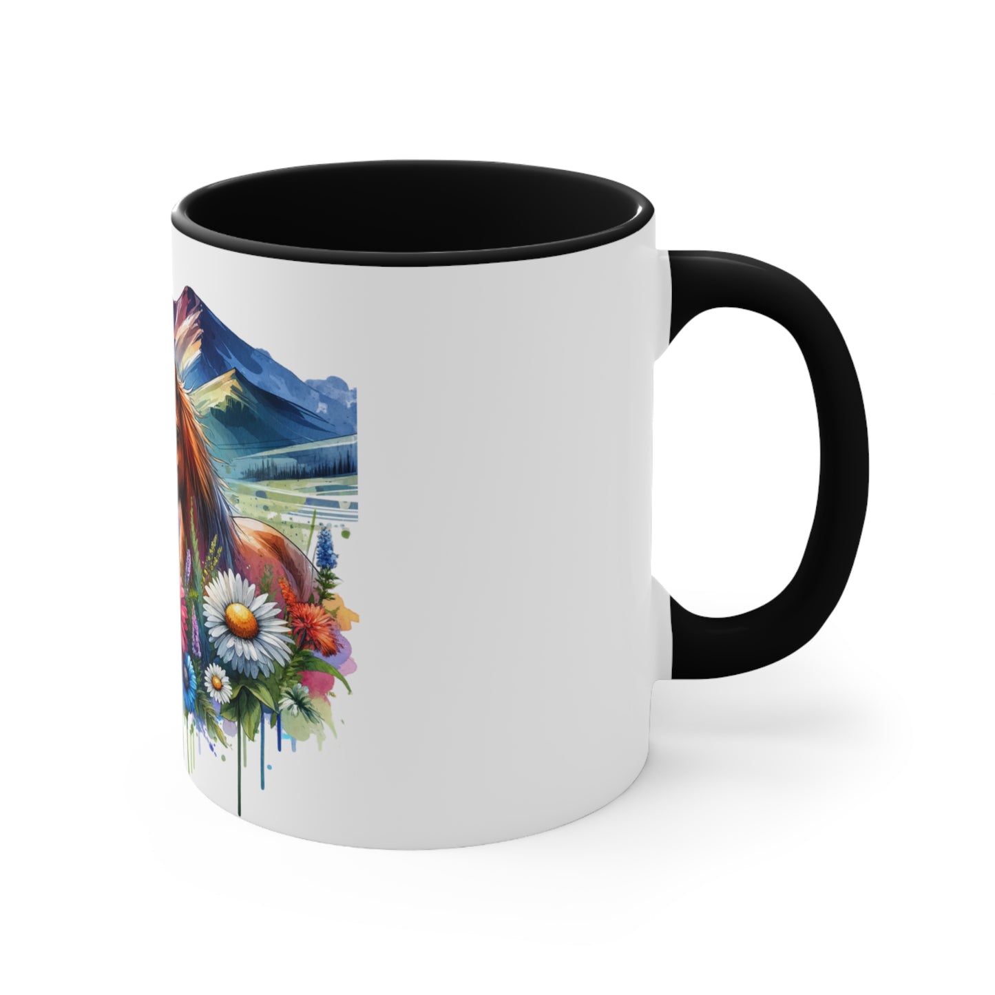 Watercolour horses 11oz Mug, Horses, snowcapped mountains, Daises, Pasel colours, Gift, Unique Gift