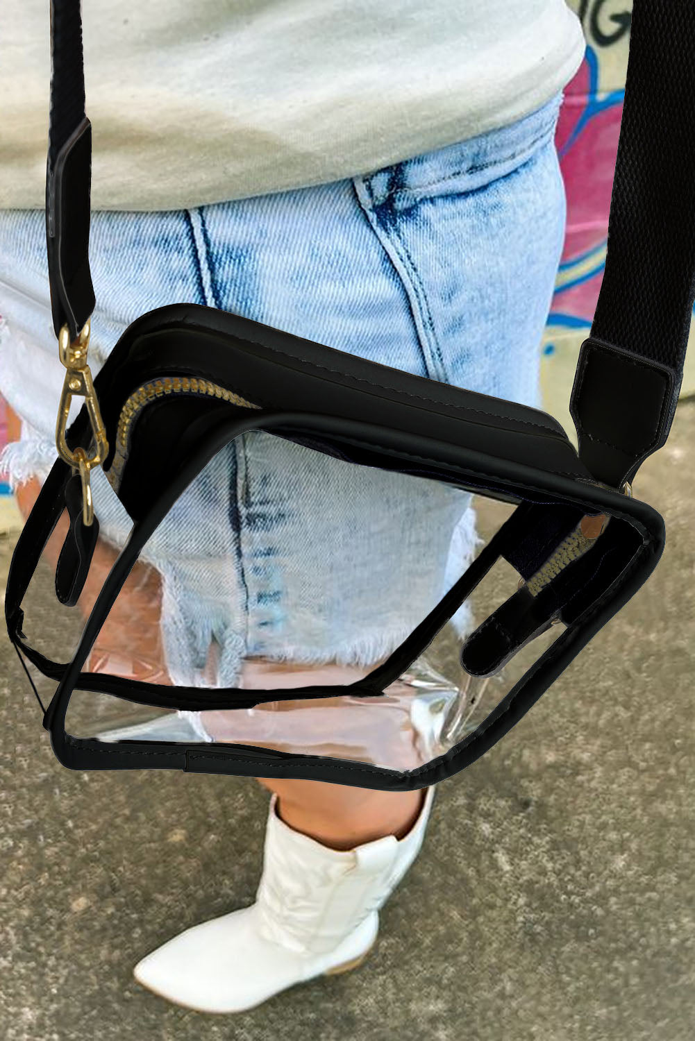 Black Clear PVC Crossbody Bag with Wide Strap – Stadium Approved & Stylish