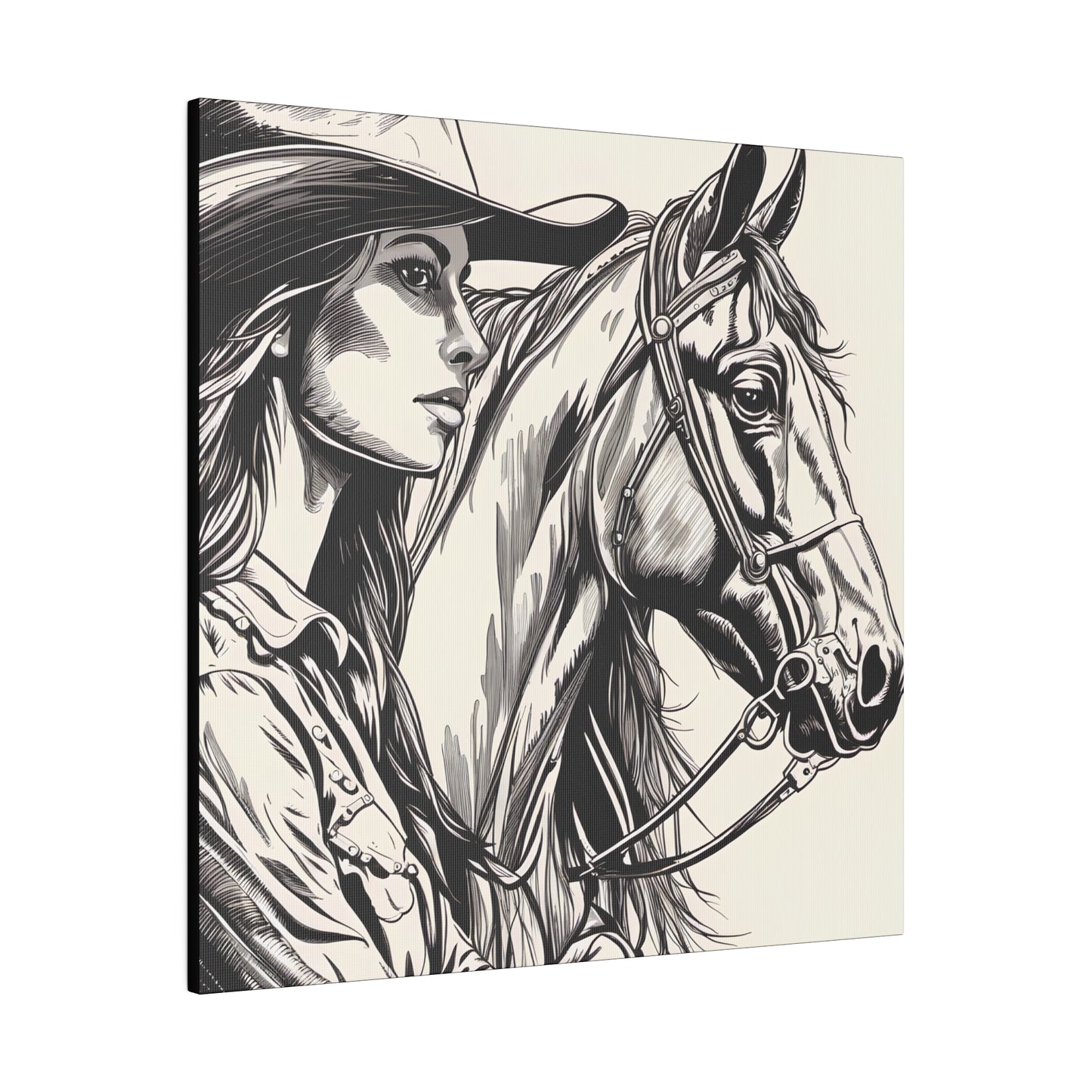 Lady and a Horse Black and White sketch drawing, Decor, Home Decor, Country, AI Art, Western Art