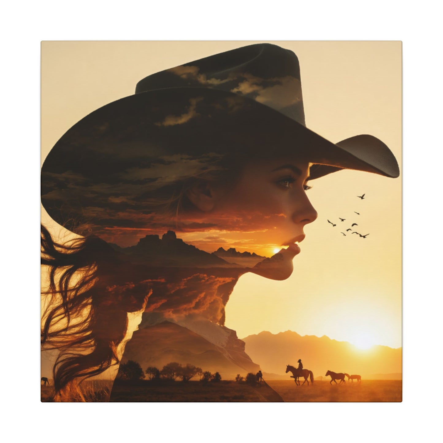 Western Sunset Silhouette | Cowboy Hat Canvas Wall Art