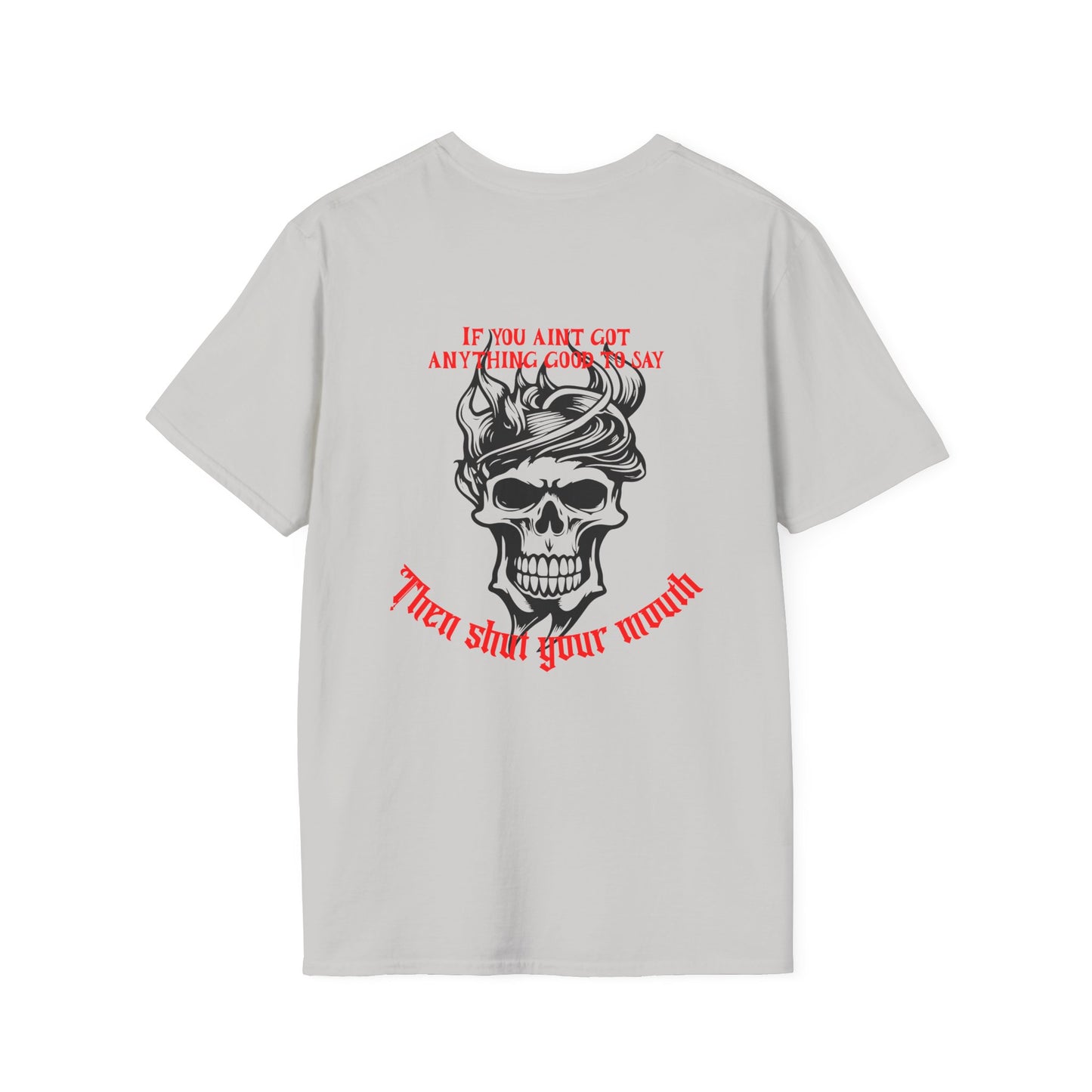 A white T-shirt with a graphic of a black skull and text on the back.