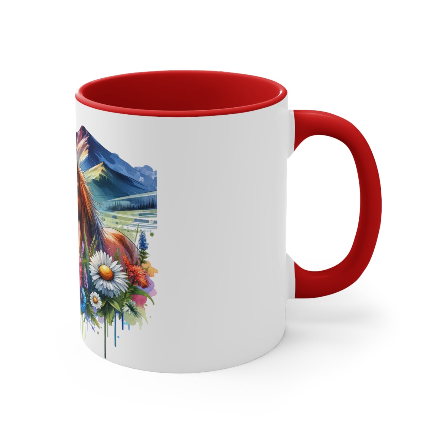 Watercolour horses 11oz Mug, Horses, snowcapped mountains, Daises, Pasel colours, Gift, Unique Gift