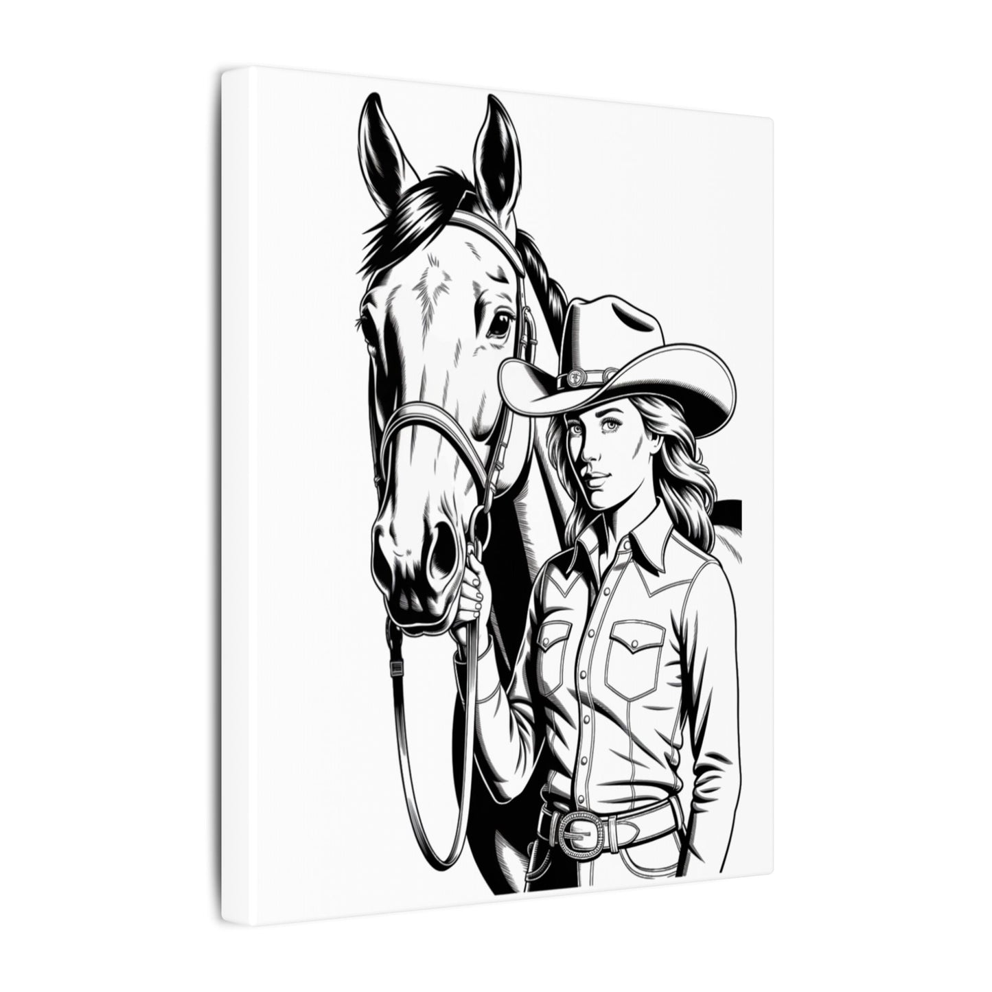 Western Cowgirl and Horse Canvas Print β Rustic Black & White Wall Art for Country Lovers