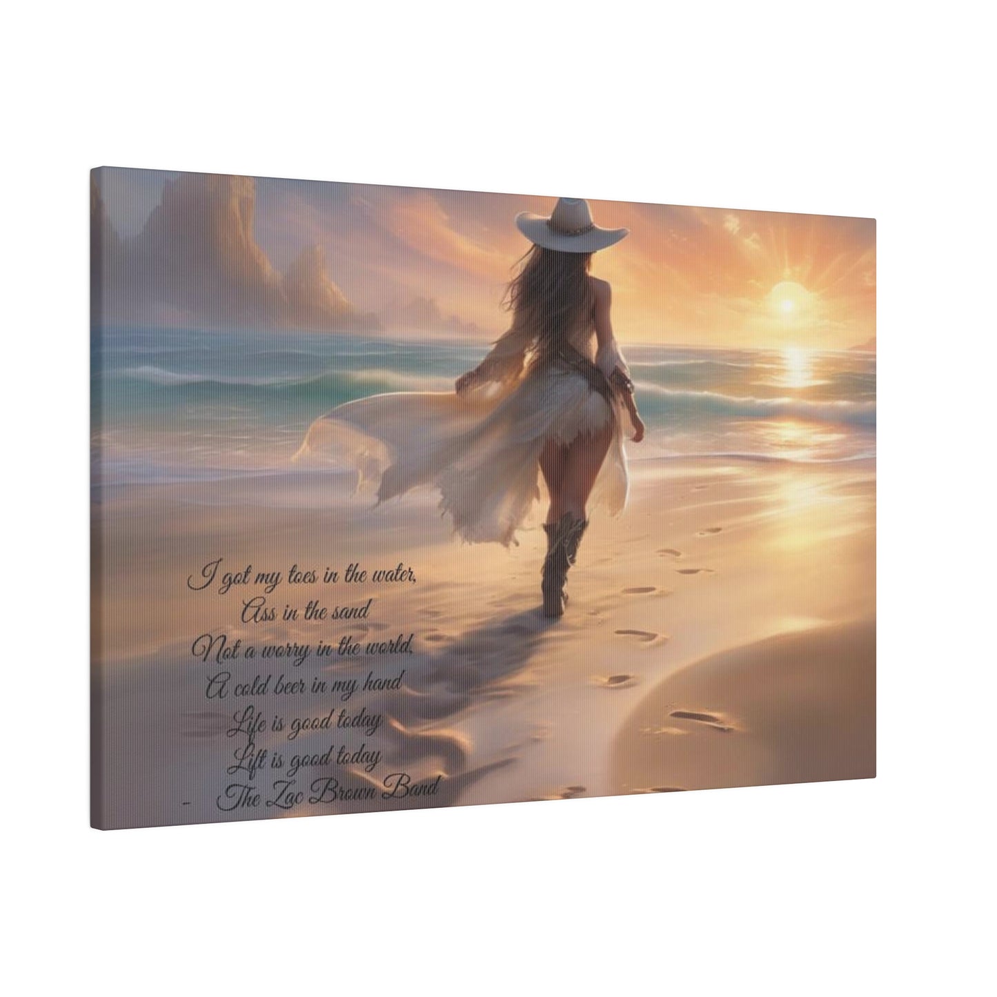 Canvas Print: Lady Walking Beach with Zac Brown Band Song Quote
