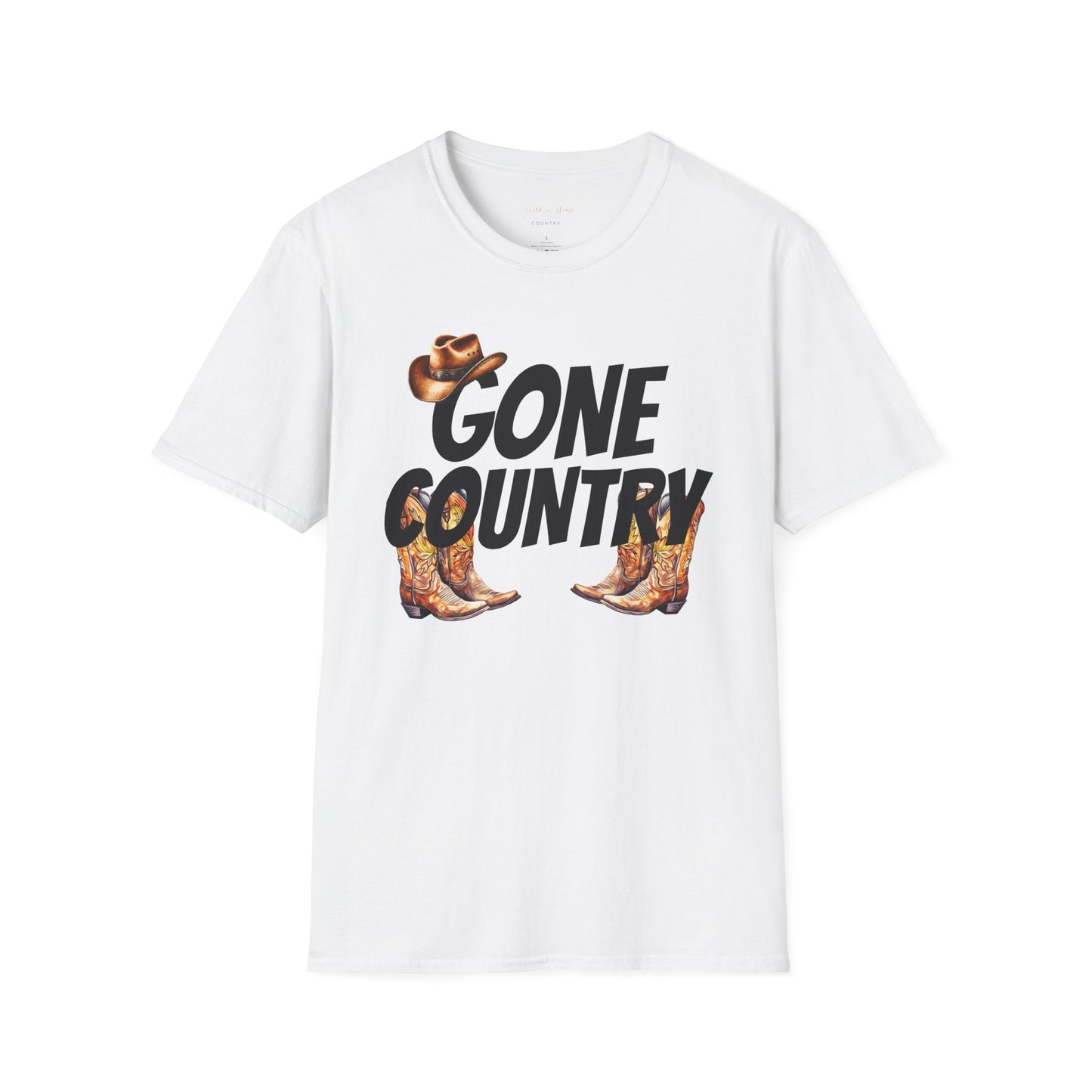 Images of two cowboys boots and a cowboy hat with black text "Gone Country"