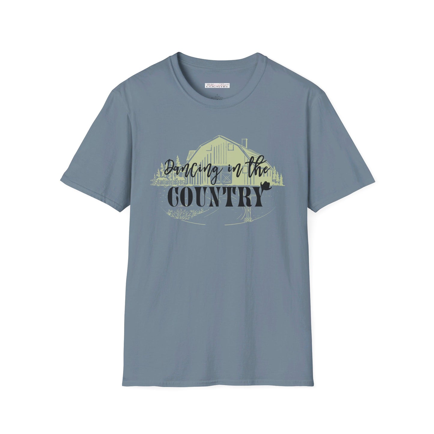 Yellow background image of a barn with black text dancing in the country"
