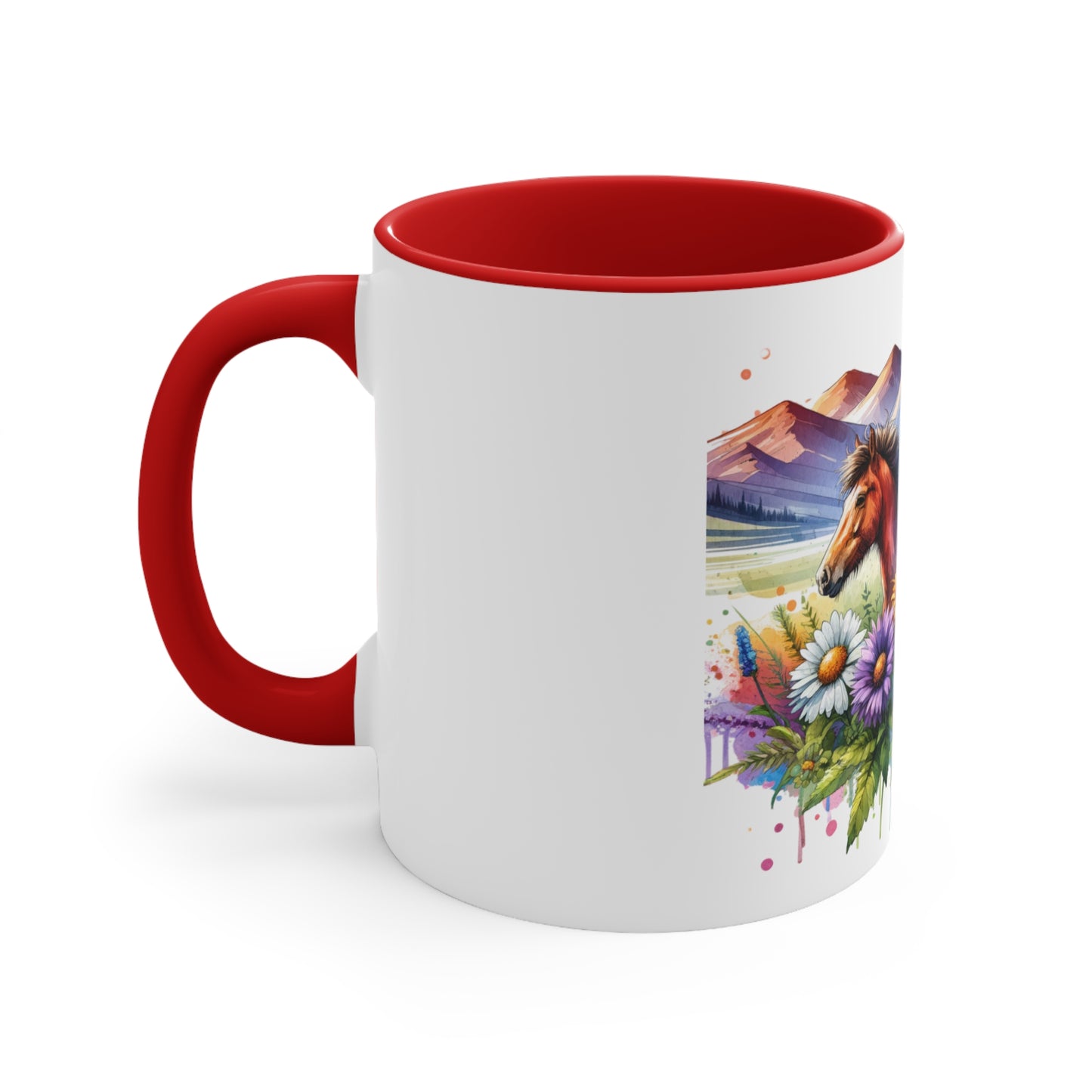 Watercolour horses 11oz Mug, Horses, snowcapped mountains, Daises, Pasel colours, Gift, Unique Gift