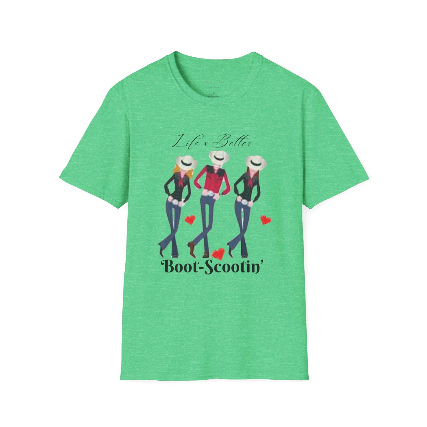 3 girls line dancing with the text "life's better boot scootin"