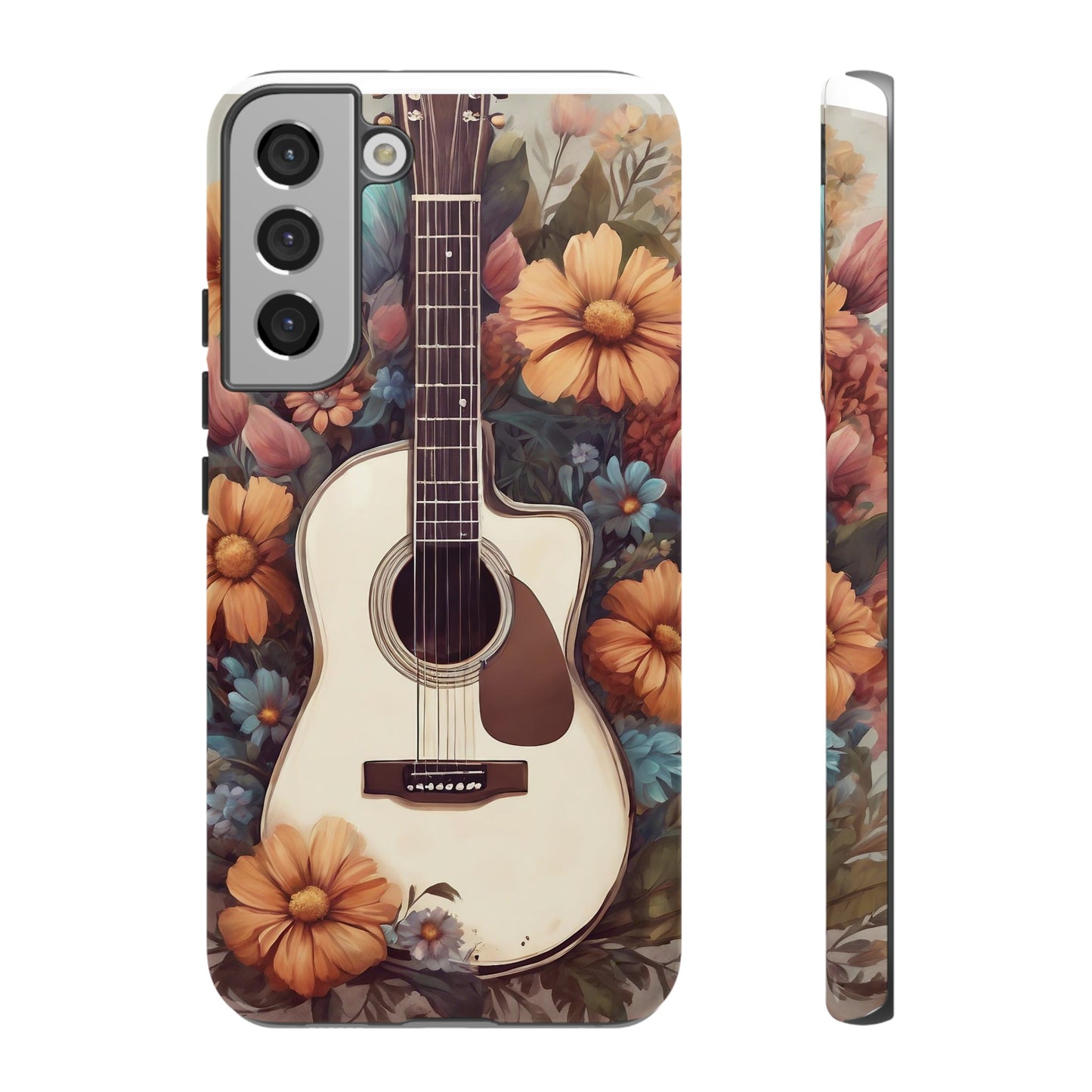 White Acoustic Guitar surrounded by Flowers Phone Case