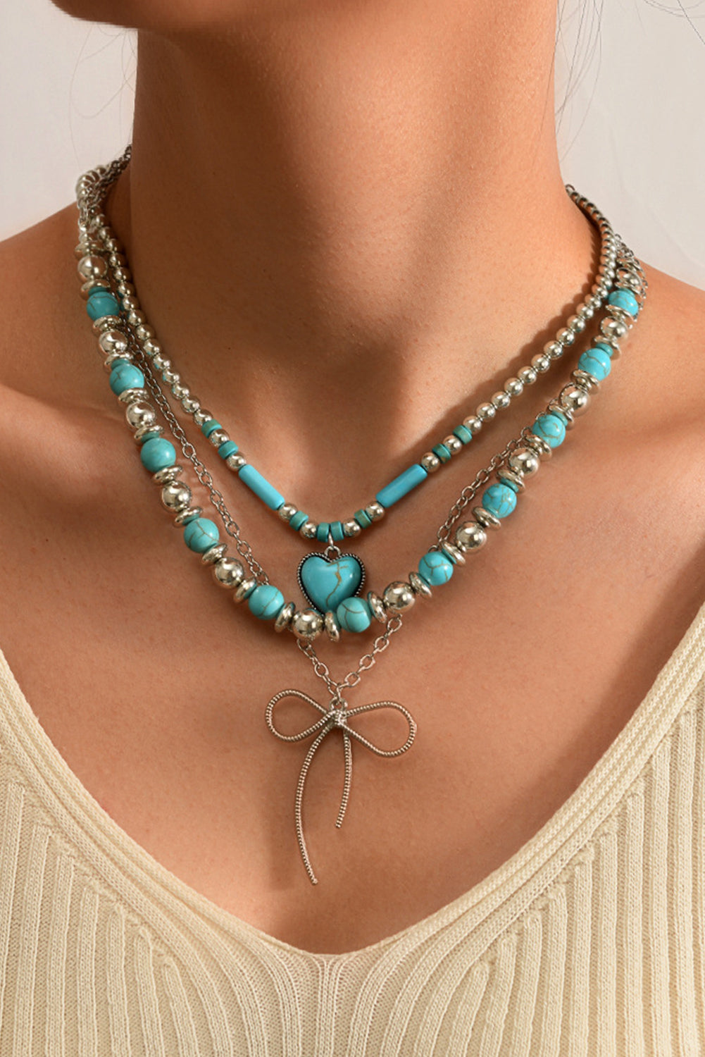 Turquoise Heart & Bow Layered Necklace – Chic Western Elegance in Every Strand