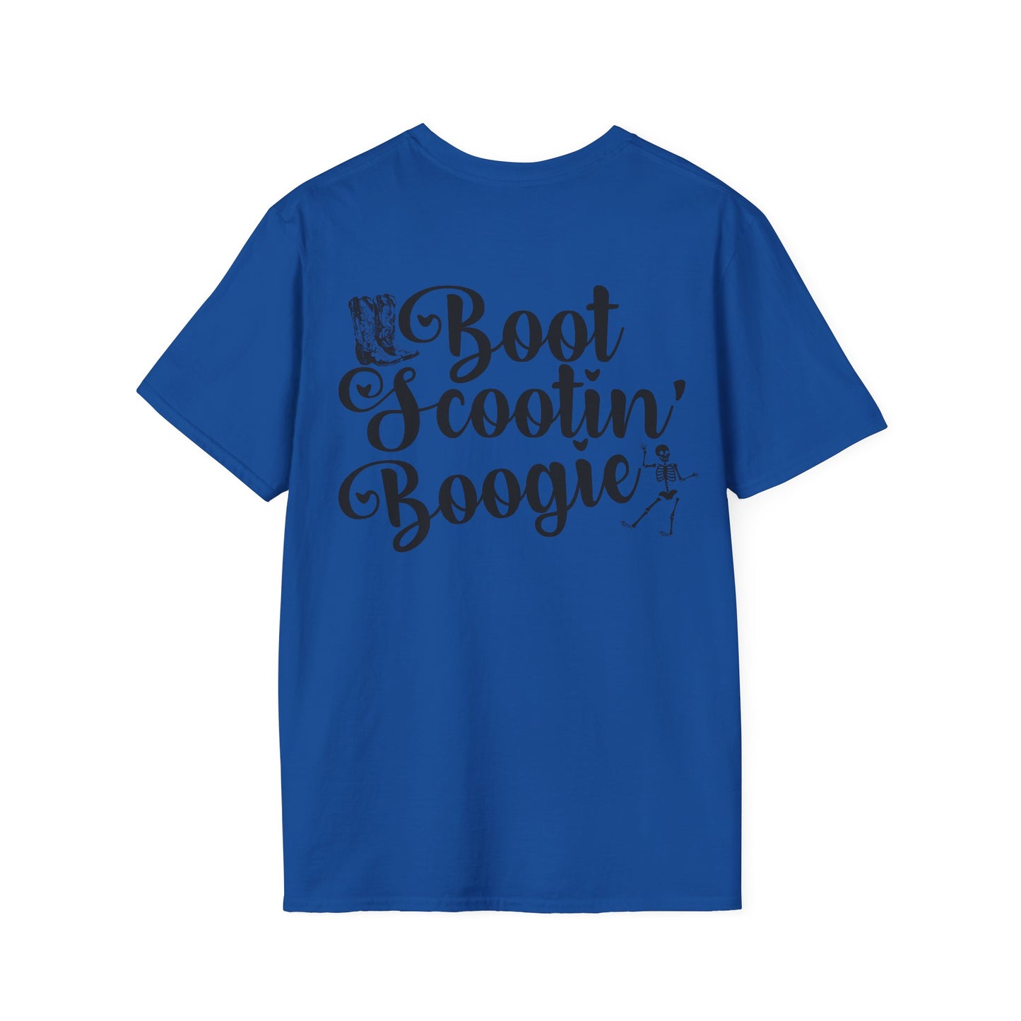 A blue t-shirt with the text 'Boot Scootin' Boogie' in a cursive script positioned at the back of the shirt.