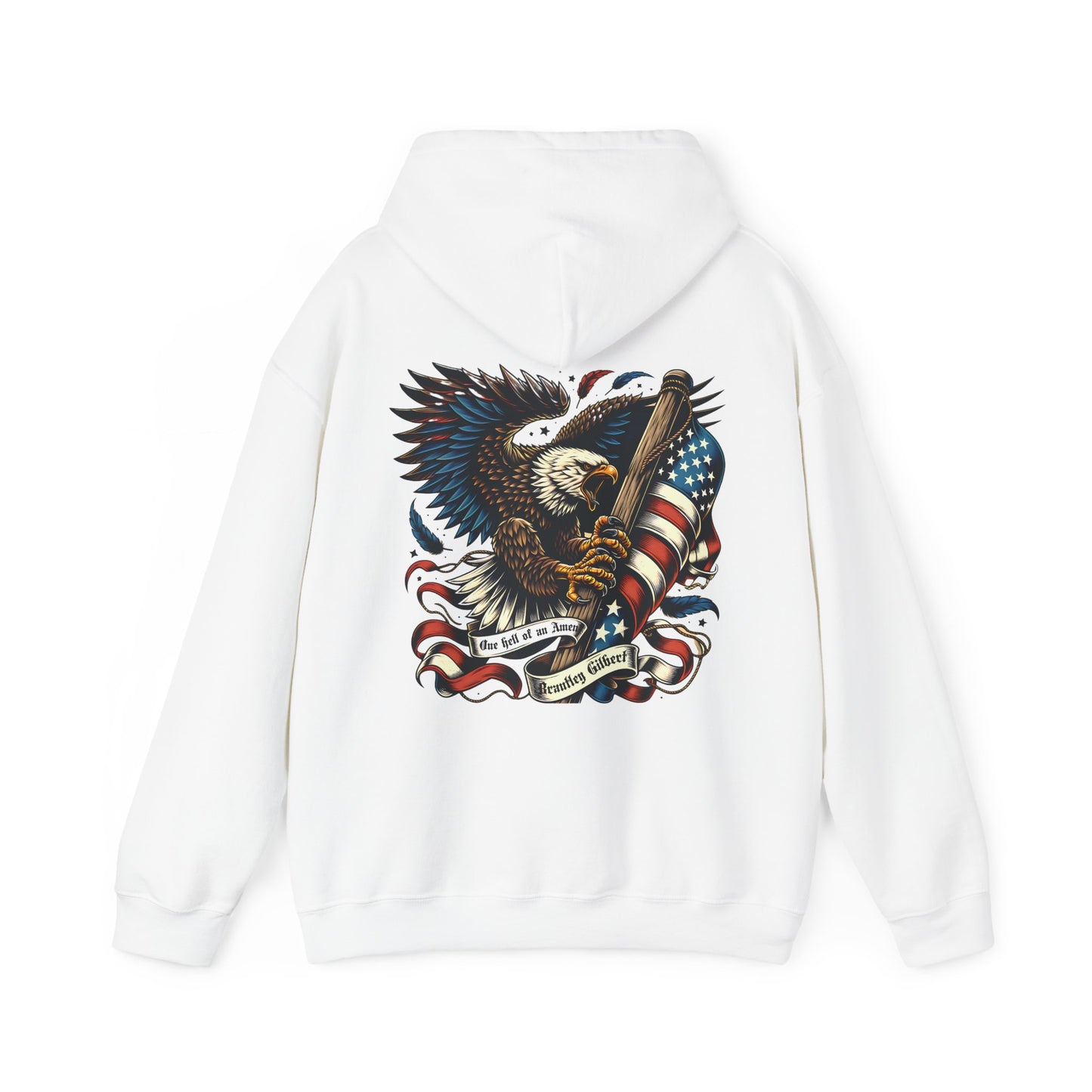 Eagle holding an Amercian flag with the text in a scoll "One hell of a amen"
