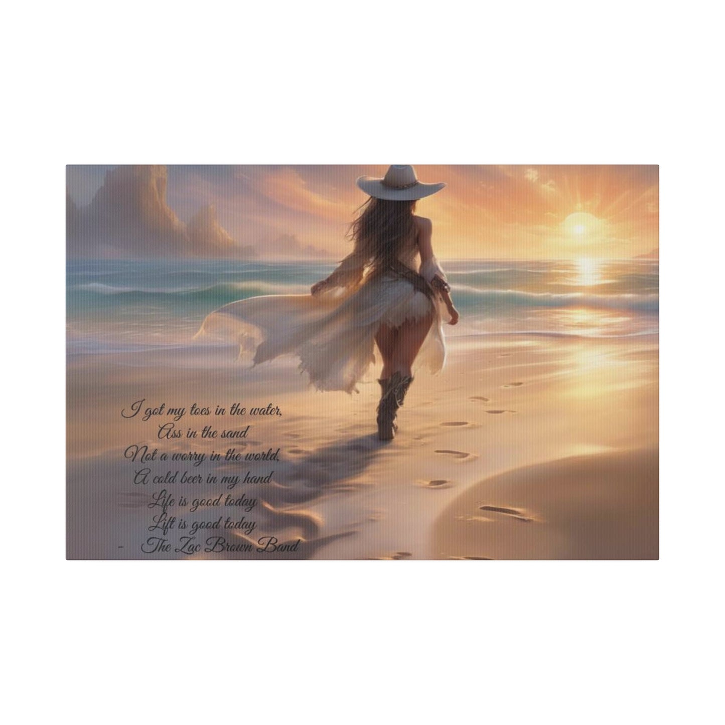 Canvas Print: Lady Walking Beach with Zac Brown Band Song Quote