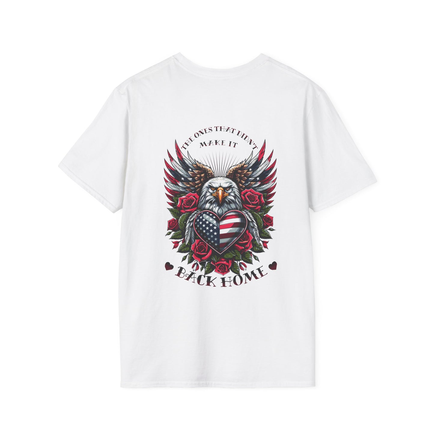 A white t-shirt with a graphic design of an eagle and American flags, surrounded by red roses, in honor of fallen heroes.