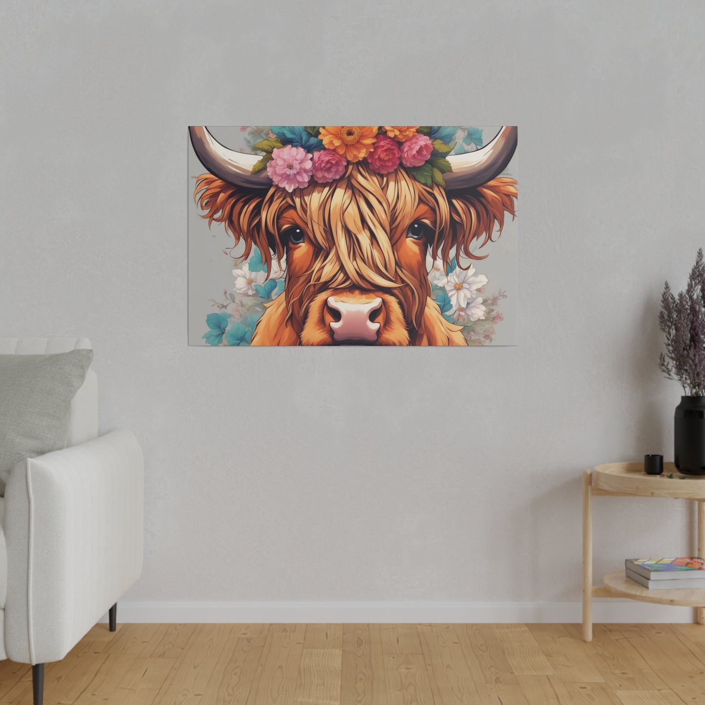 Boho Highland Cow with Floral Head Piece Matte Canvas