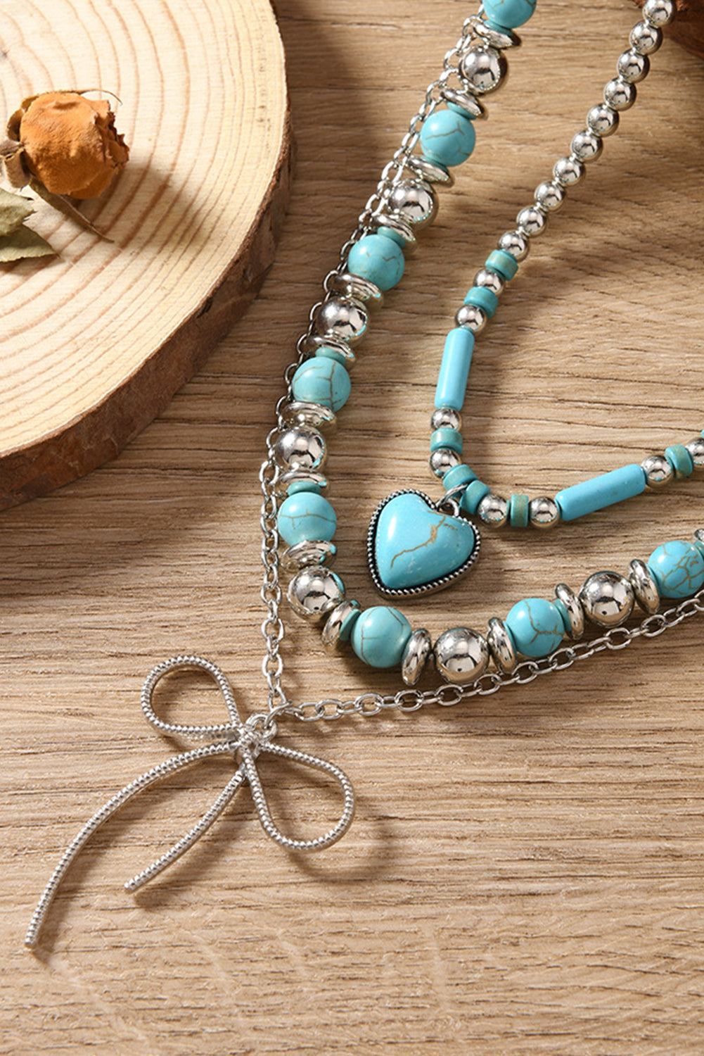 Turquoise Heart & Bow Layered Necklace – Chic Western Elegance in Every Strand