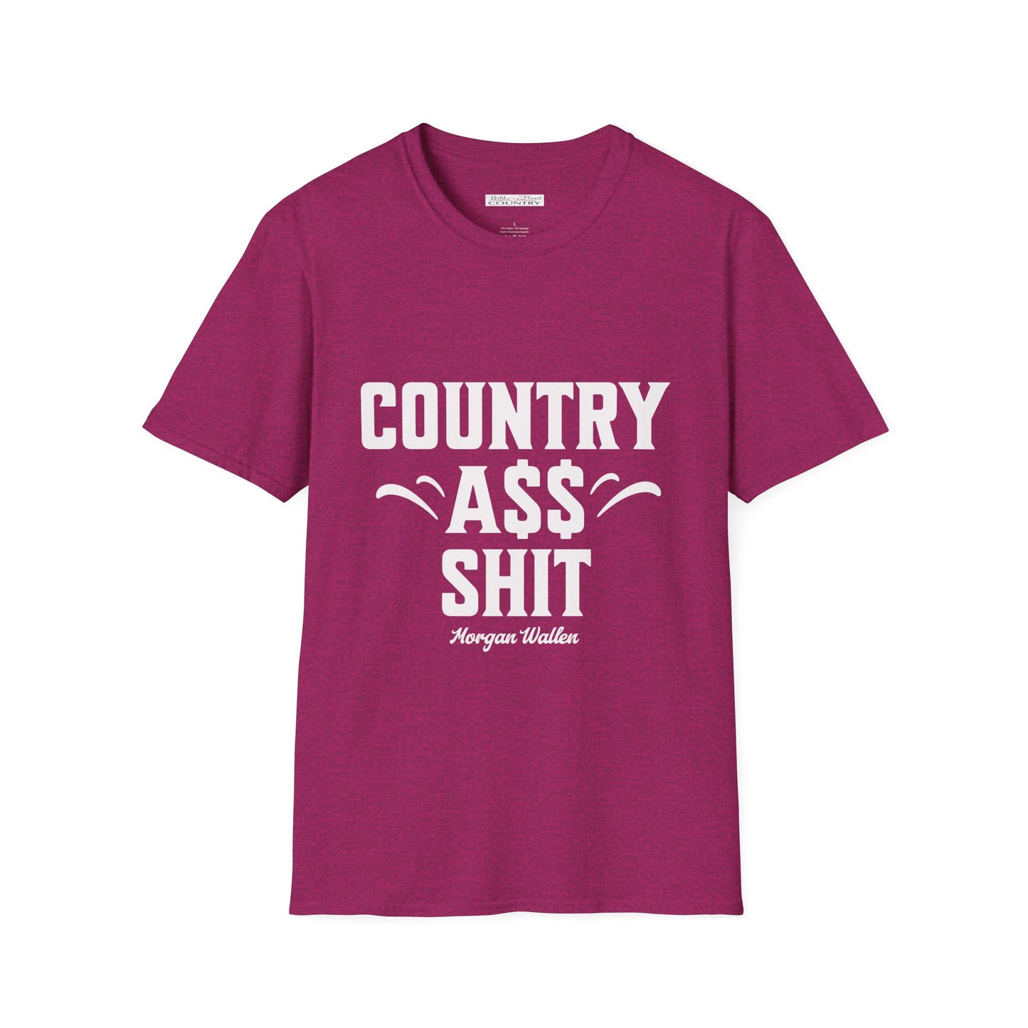 A pink t-shirt with the text 'COUNTRY ASS SHIT' printed in white on the front.