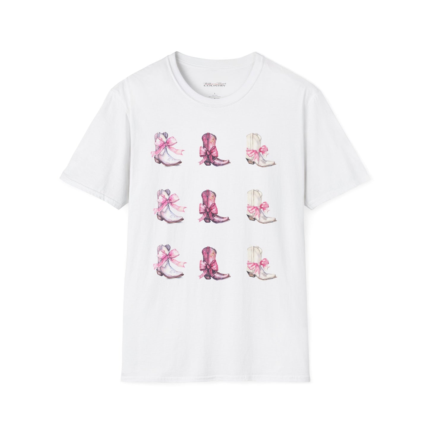 A white t-shirt with a series of watercolor illustrations of cowboy boots tied with pink ribbons.