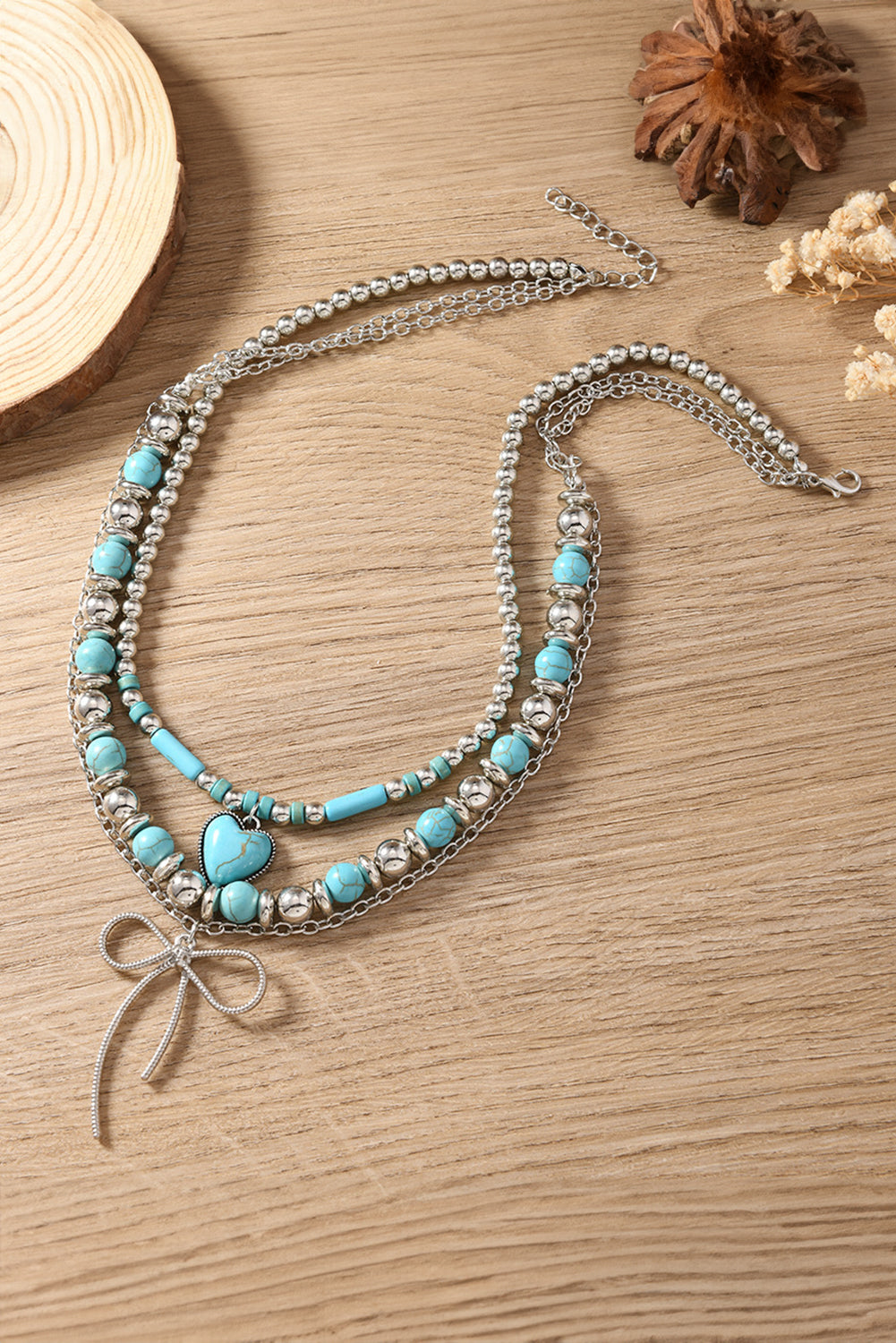 Turquoise Heart & Bow Layered Necklace – Chic Western Elegance in Every Strand