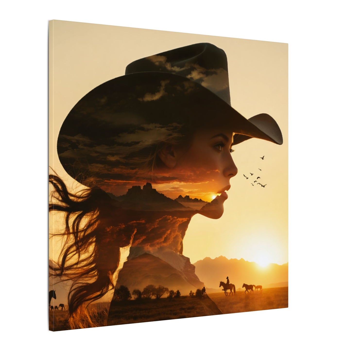 Western Sunset Silhouette | Cowboy Hat Canvas Wall Art