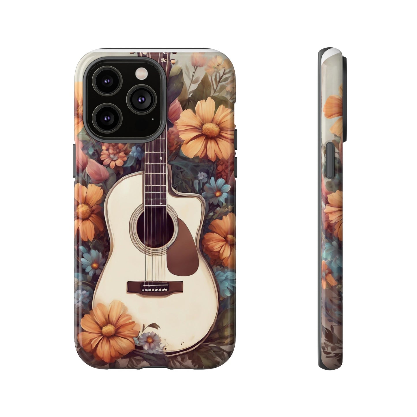 White Acoustic Guitar surrounded by Flowers Phone Case