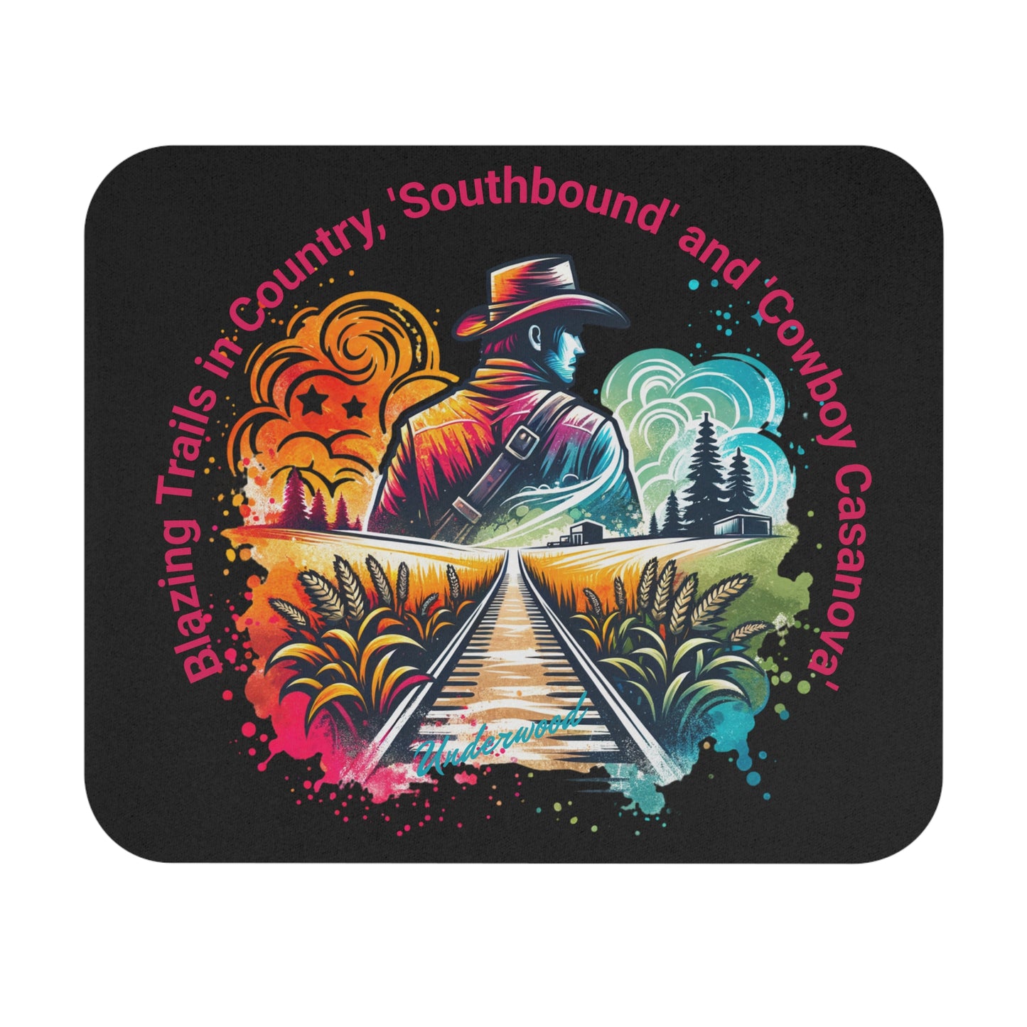 A colorful mouse pad featuring a graphic of a person standing on railroad tracks with a vibrant background that includes elements suggestive of a country or western theme.