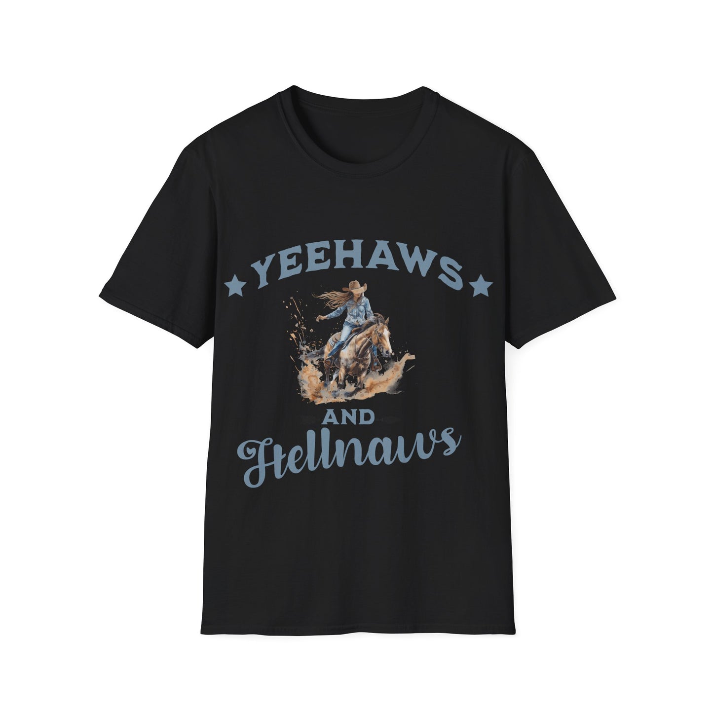 "Yeehaws and Hellnaws" Cowgirl Riding Graphic Tee ā Country Western Rodeo Shirt