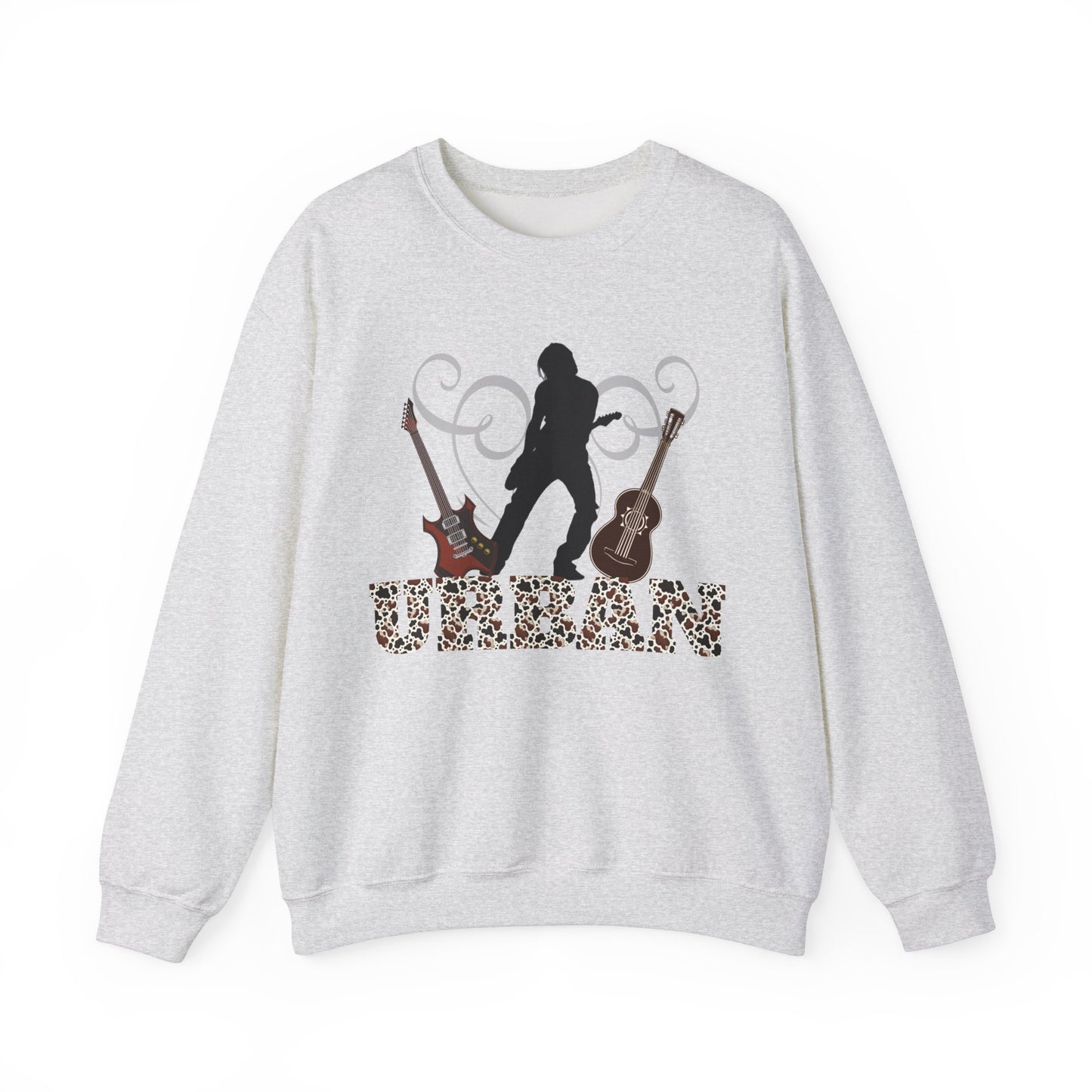 Featuring a bold silhouette of a guitar player in action, flanked by two intricately detailed guitars, one electric and one acoustic. The word “URBAN” is emblazoned across the bottom in a striking font filled with a leopard print pattern.