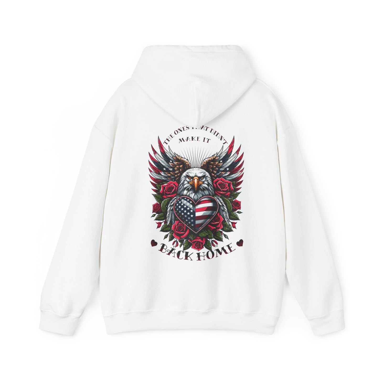 Features a majestic eagle with its wings spread wide, at the heart of the eagle is an American flag in the shape of a heart, representing unwavering patriotism and love for the country. Surrounding the eagle are red roses, signifying love and respect for those who have made the ultimate sacrifice.