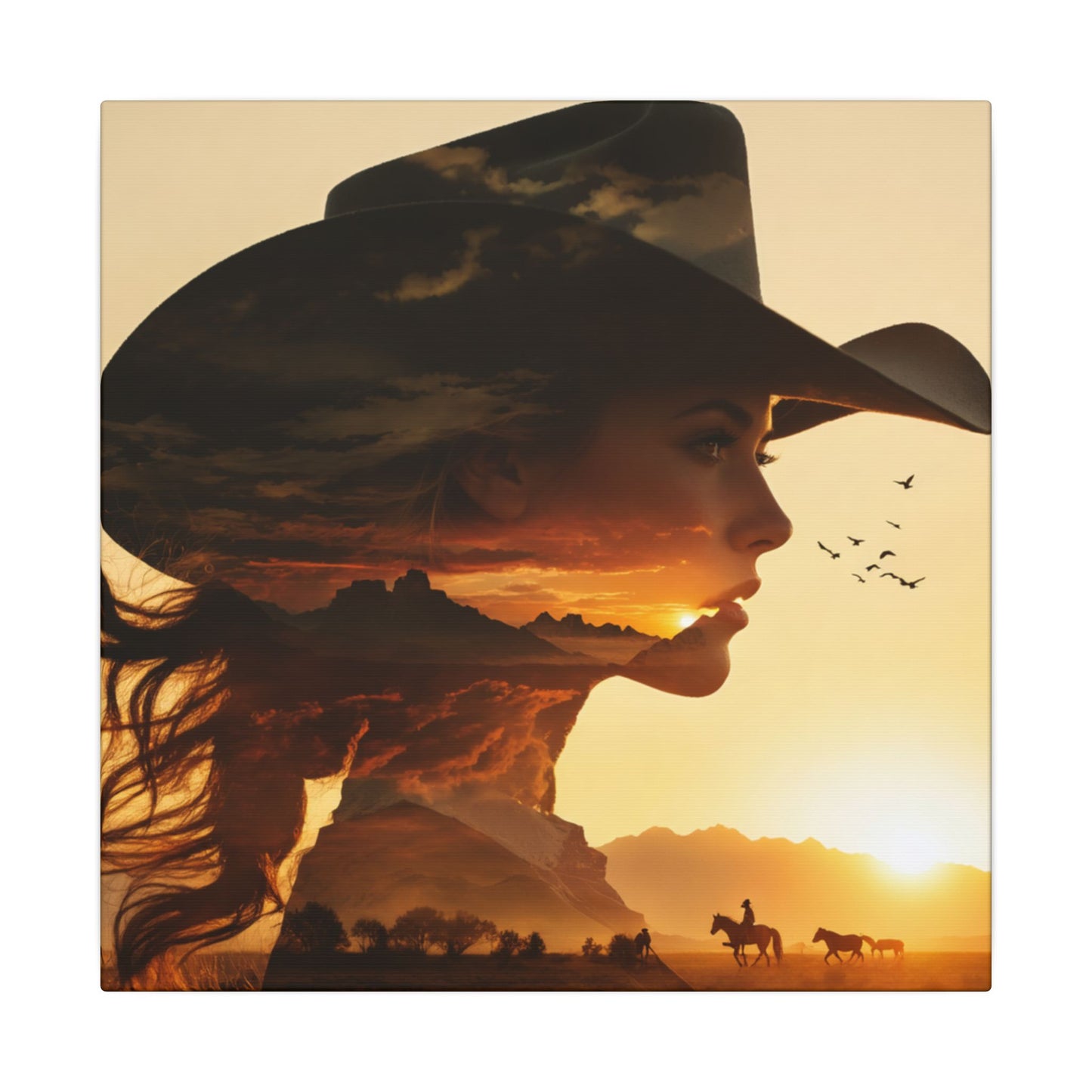 Western Sunset Silhouette | Cowboy Hat Canvas Wall Art