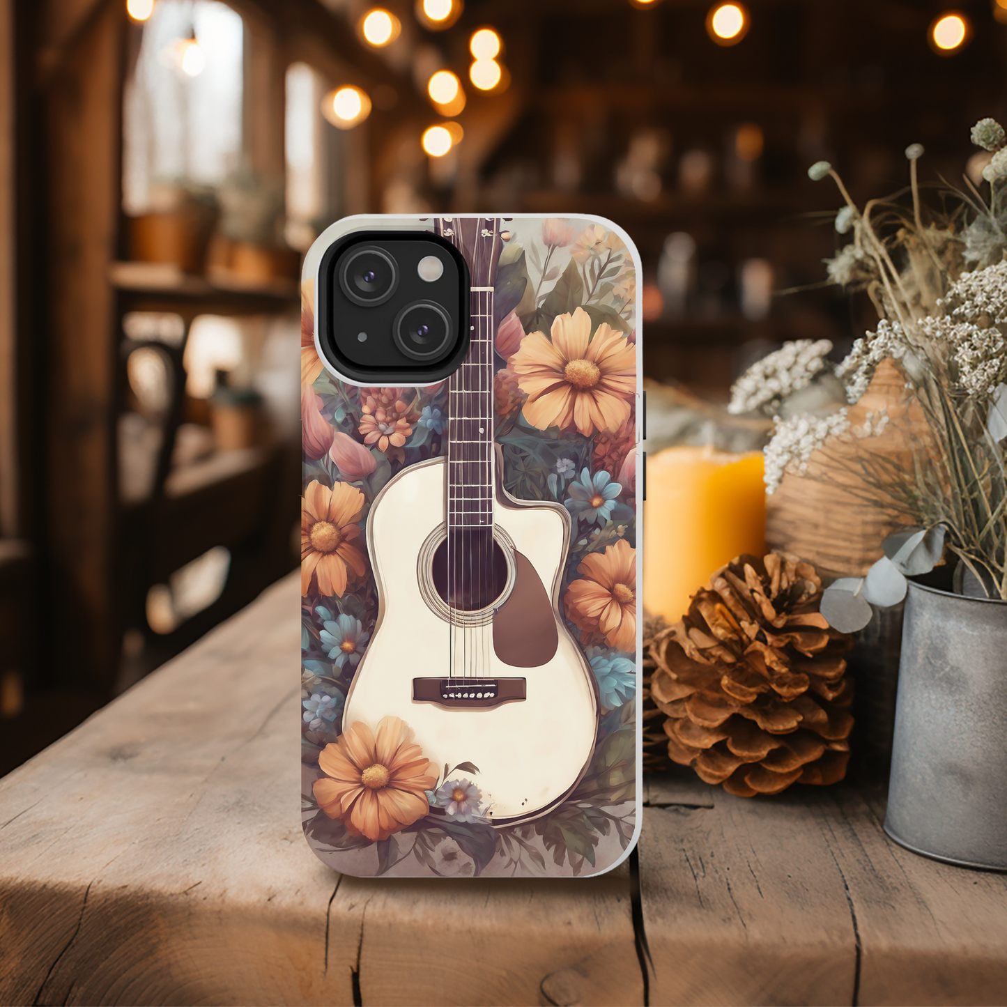 White Acoustic Guitar surrounded by Flowers Phone Case