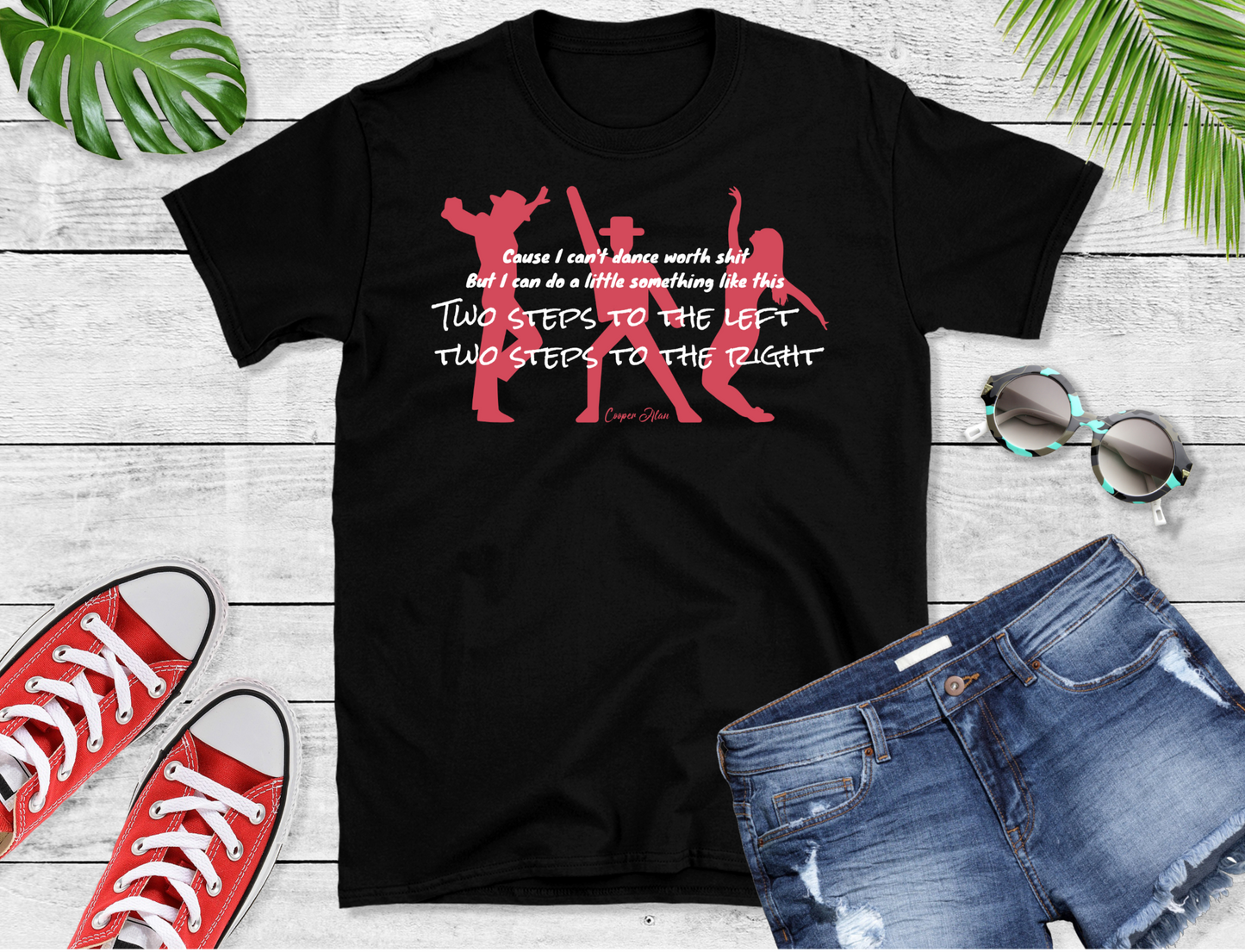 3 red figures dancing with white text over the top "Cause I can't dance worth shit, but I can do a little something like thing, Two steps to the left, Two steps to the right "