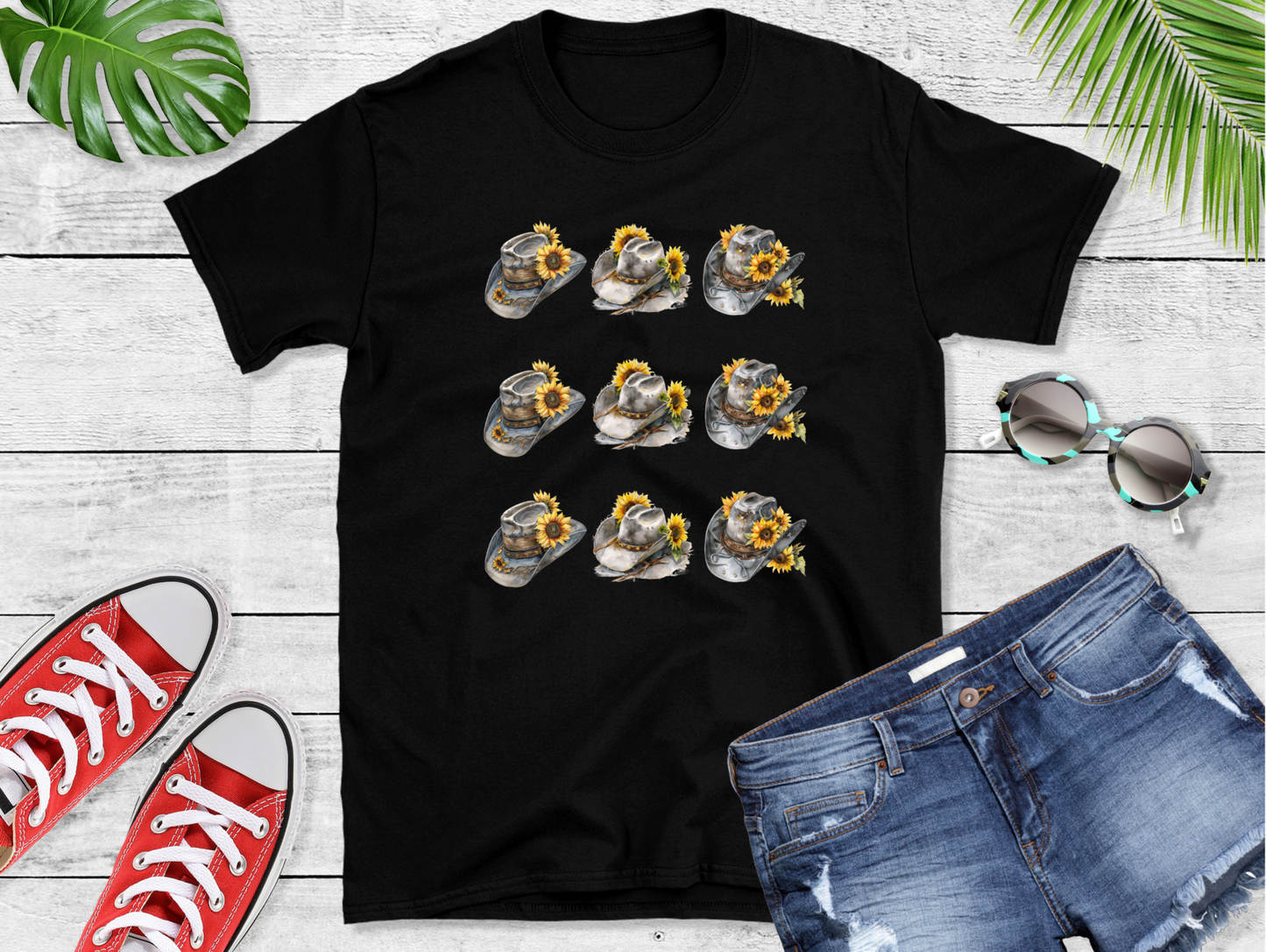 Design featuring watercolor cowboy hats adorned with vibrant sunflowers.