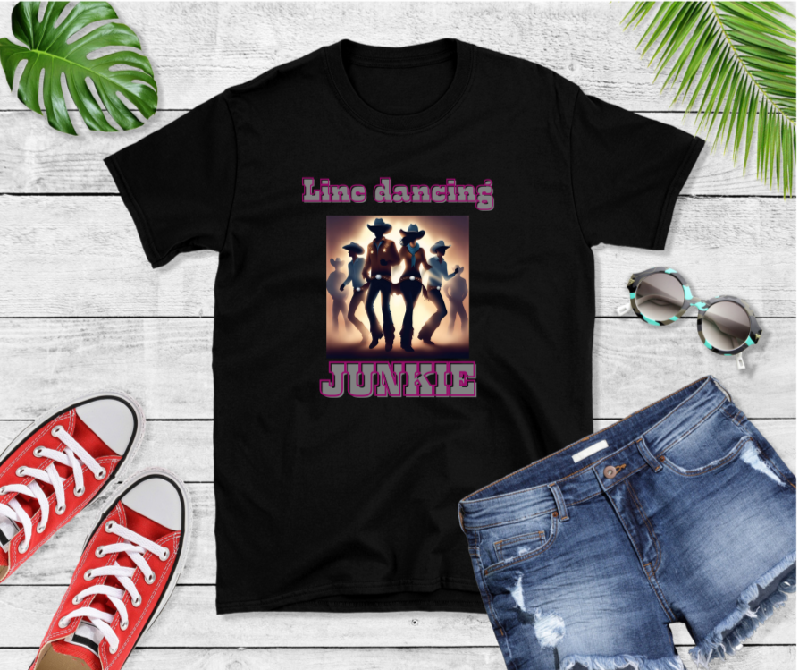 Image of a group of people dancing with the text "line dancing" above it and "Junkie" below in silver and red text