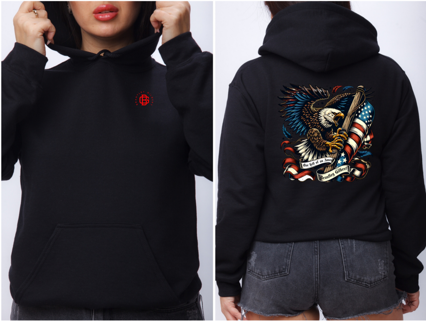 Front of hoodie is a small BG with Brantley Gilbert surrounding it. On the back is a eagle holding an American flag with the words "one hell of a Amen" and "Brantley Gilbert" under that.