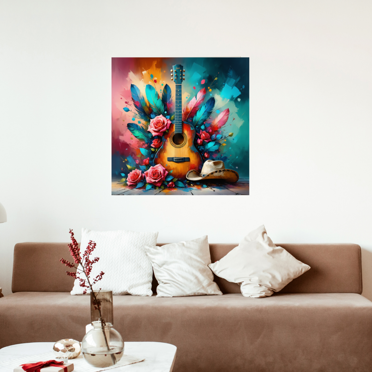 Colorful abstract painting on a wall above a sofa with decorative pillows.