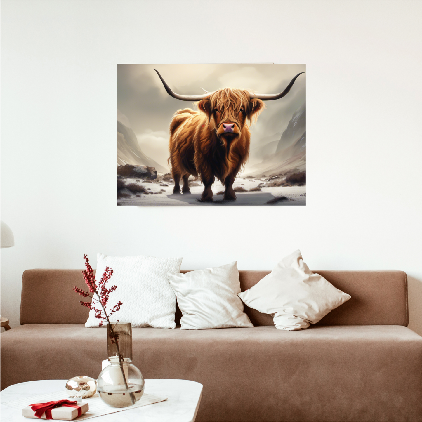 Features a majestic Highland cow standing proudly in the center of a misty, ethereal landscape. The cow’s long, shaggy coat is rendered in rich, warm tones that beautifully contrast with the cool, muted background of soft grays and whites.