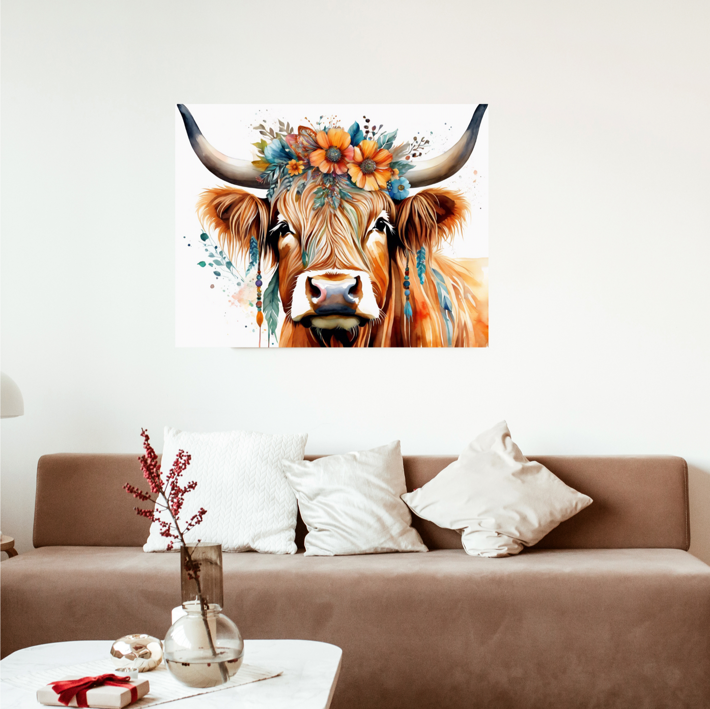 Highland Cow with Floral Crown Wall Print, Rolled Poster, Watercolour poster