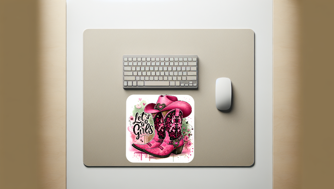 Let's go girls Mouse Pad, Western mouse pad, Pink cowboy boots & hat mouse pad