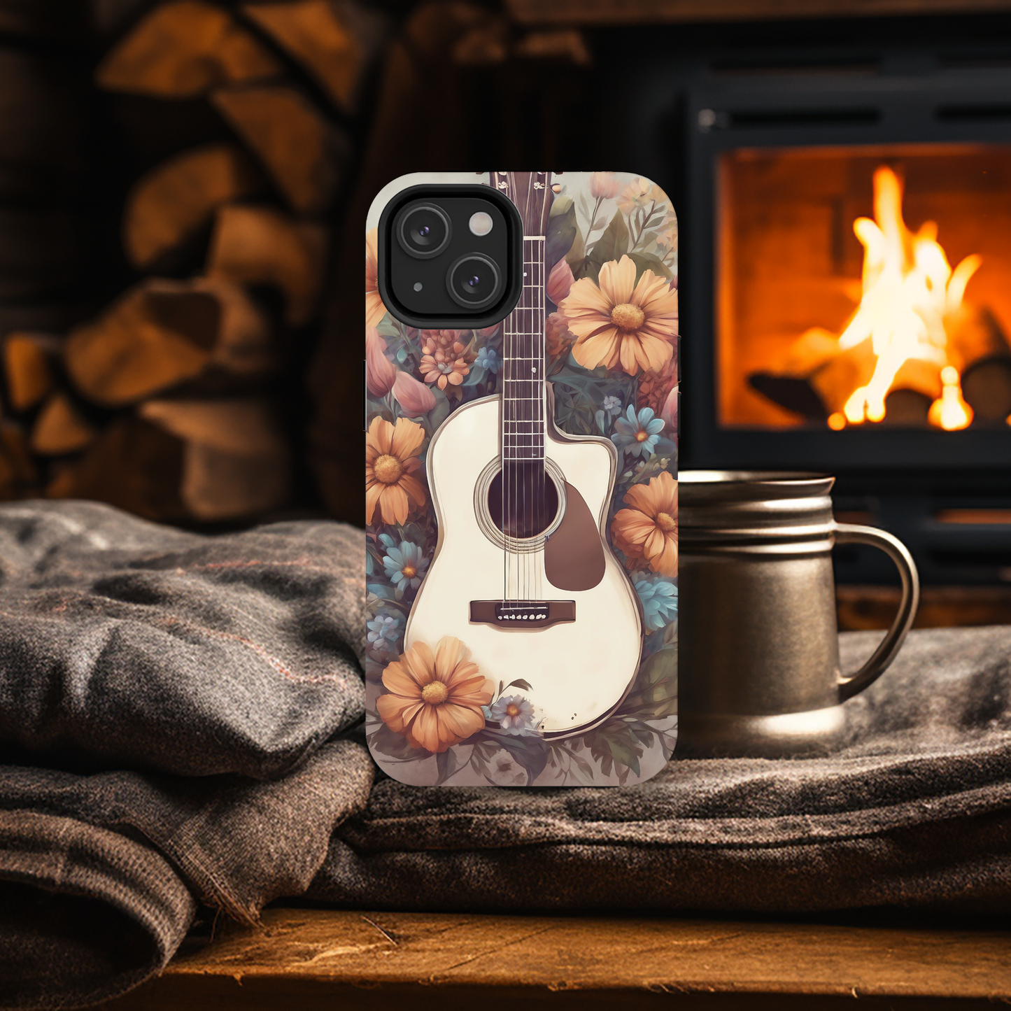 White Acoustic Guitar surrounded by Flowers Phone Case