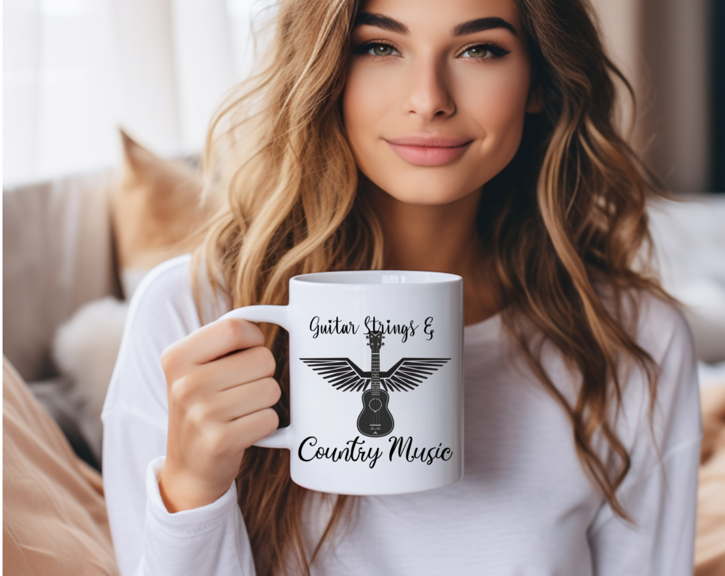 This striking design features an acoustic guitar with wings spread wide. Black text "Guitar Strings &" written above image and "Country Music" below