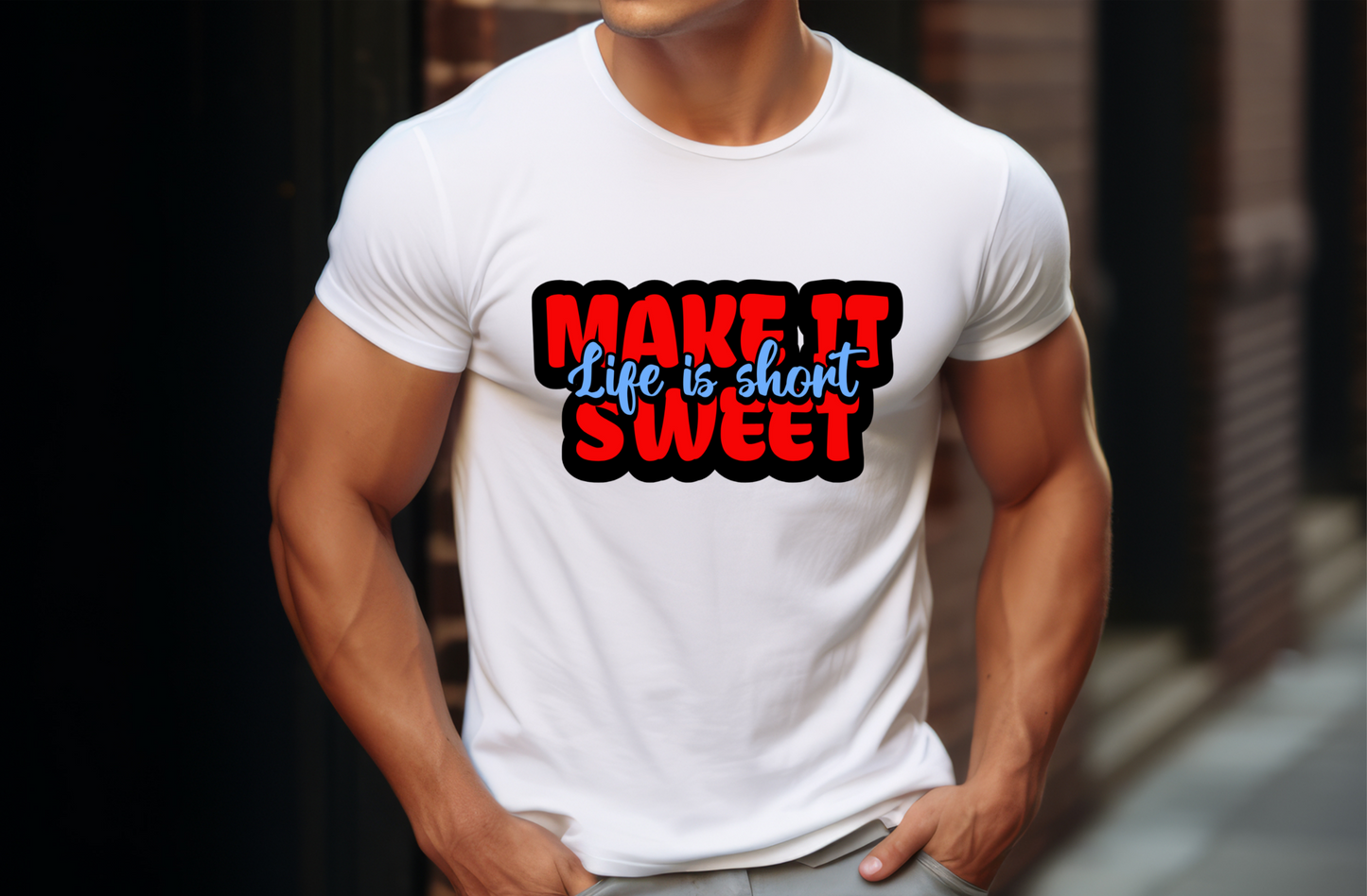 The striking combination of red, white, and blue lettering against a solid background ensures that this message stands out: ‘MAKE IT SWEET Life is short.’