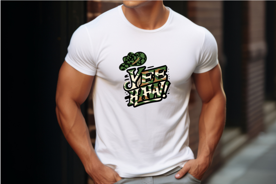 camo text "Yee Haw" with a camo cowboy hat above