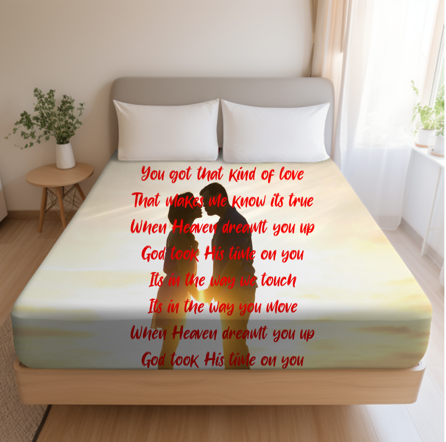 features a beautiful silhouette of a couple sharing a tender moment at sunset, with the heartfelt lyrics of the song elegantly overlaid in a vibrant red script