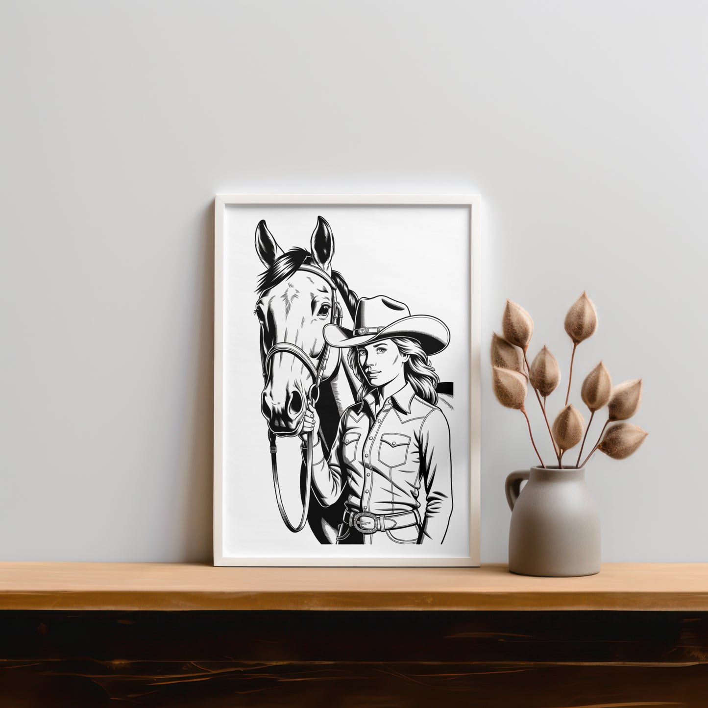 Western Cowgirl and Horse Canvas Print β Rustic Black & White Wall Art for Country Lovers