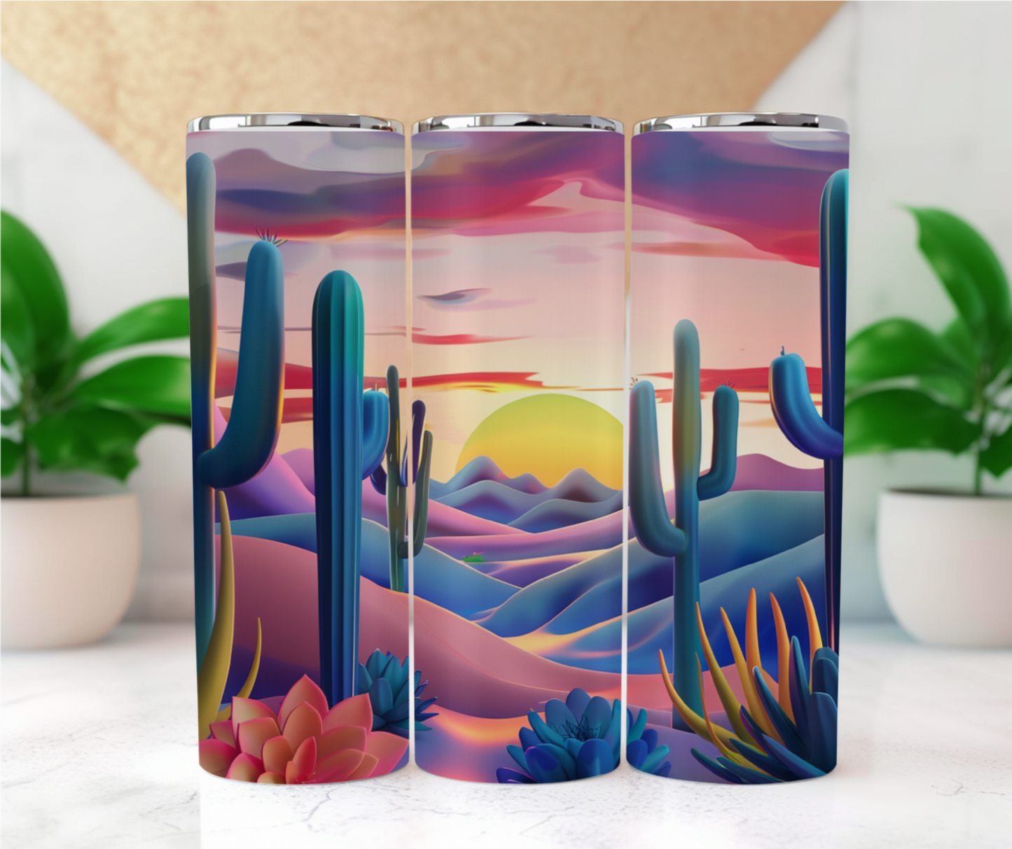 This eye-catching tumbler features a vibrant desert sunset scene, with tall cacti silhouettes standing proudly against rolling purple and blue hills. The sky is a mesmerizing blend of pink, orange, and yellow hues as the sun sets, creating a tranquil and inspiring backdrop. Detailed succulents in the foreground add an extra touch of desert charm.