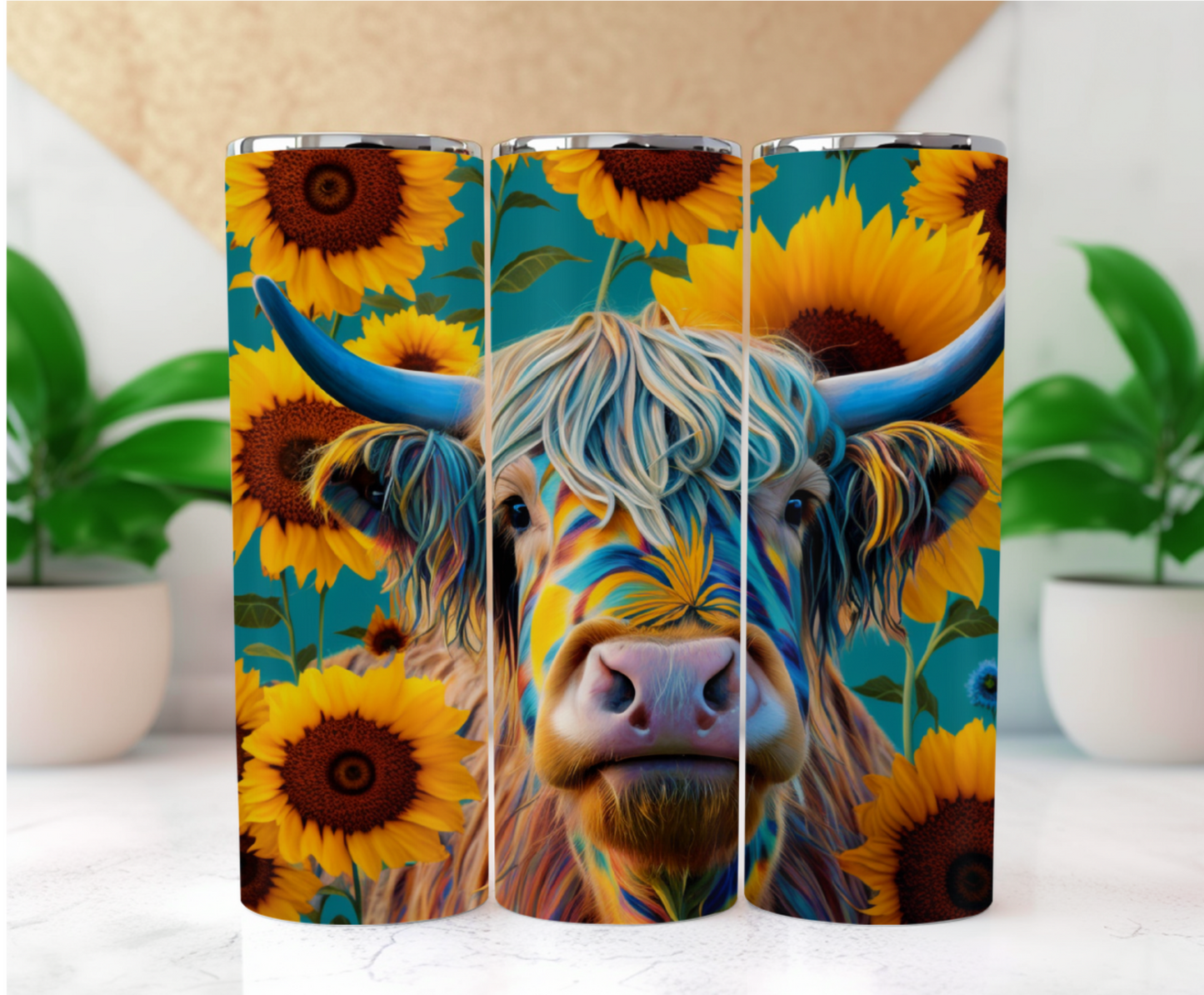 This unique bottle features a vibrant and whimsical design of a Highland cow adorned with psychedelic colors, set against a lively backdrop of golden sunflowers and a clear blue sky.