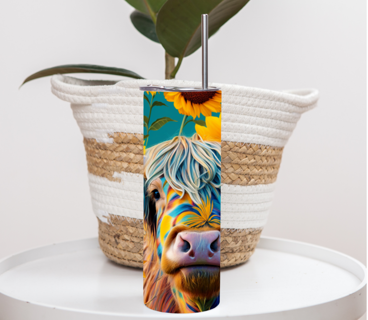 Sunflower Highland Cow Tumbler 20oz, Water bottle, Sunflower design, Highland Cow Print